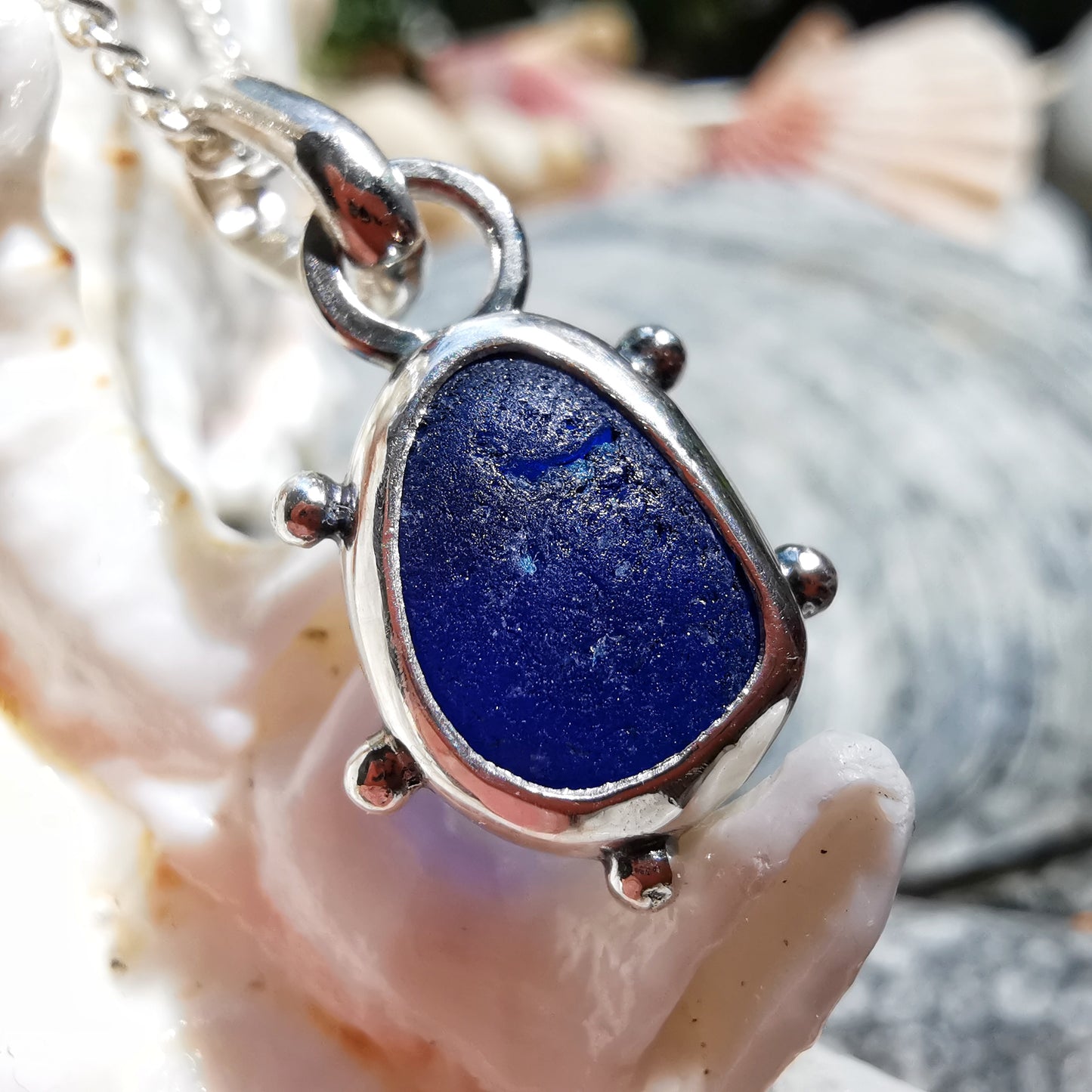 Scottish cobalt blue sea glass & sterling silver pendant.