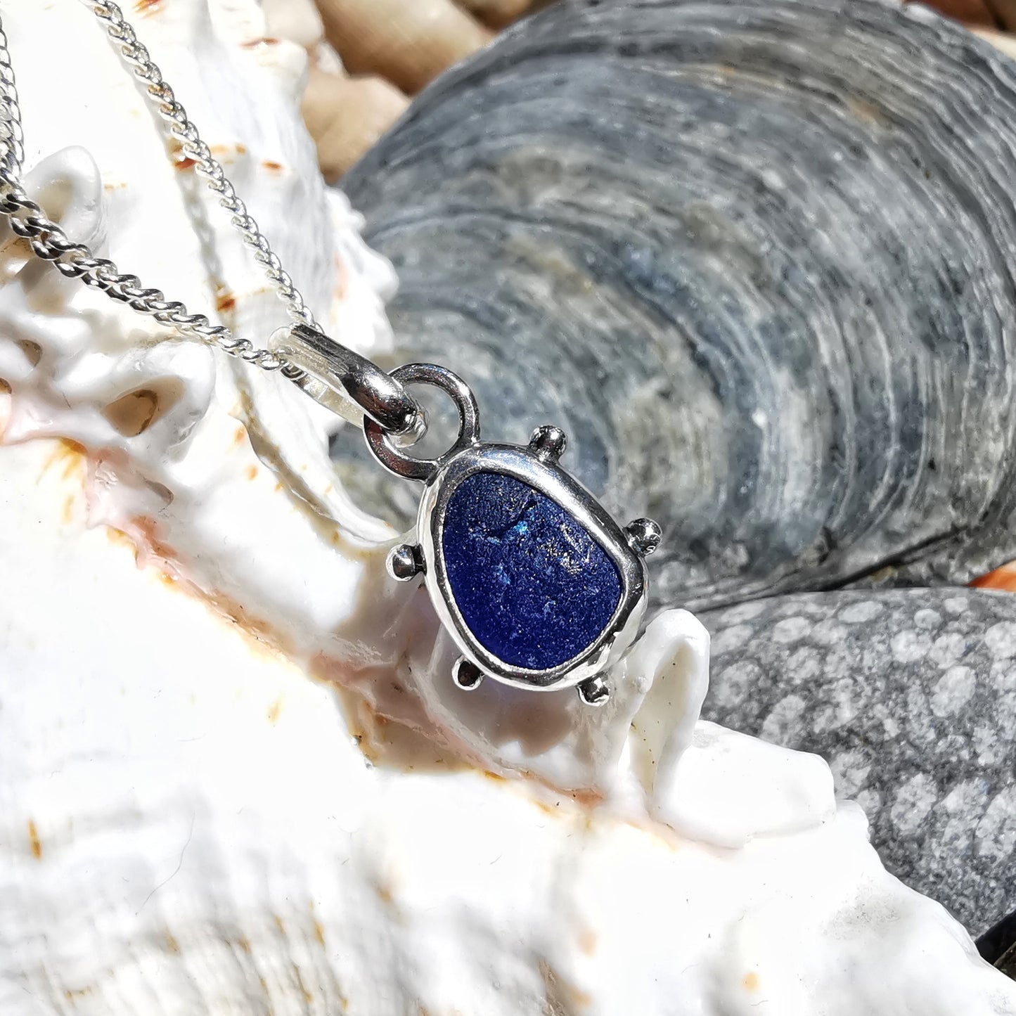 Scottish cobalt blue sea glass & sterling silver pendant.