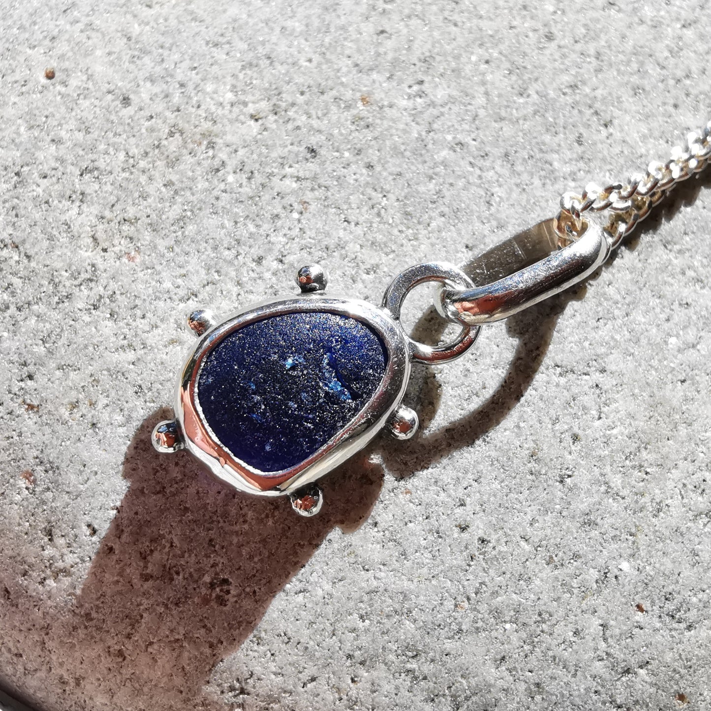 Scottish cobalt blue sea glass & sterling silver pendant.