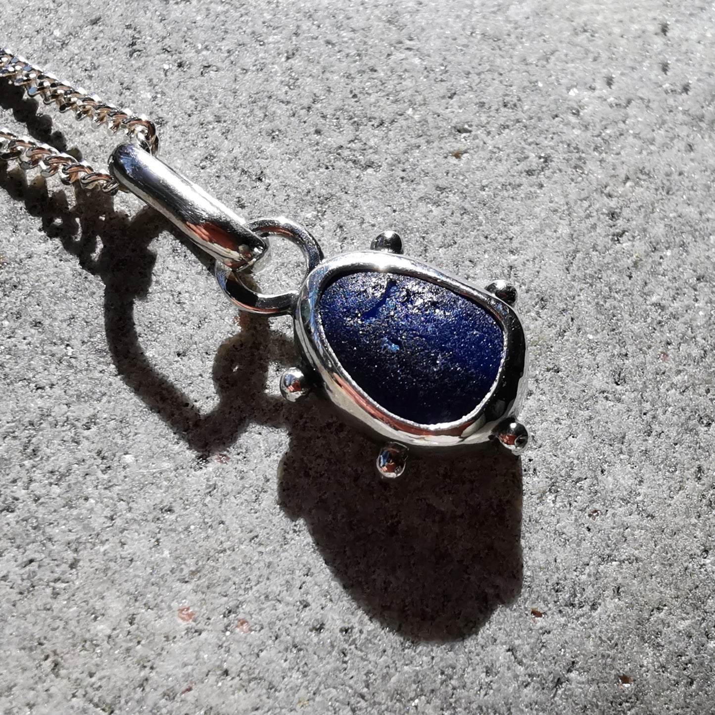 Scottish cobalt blue sea glass & sterling silver pendant.