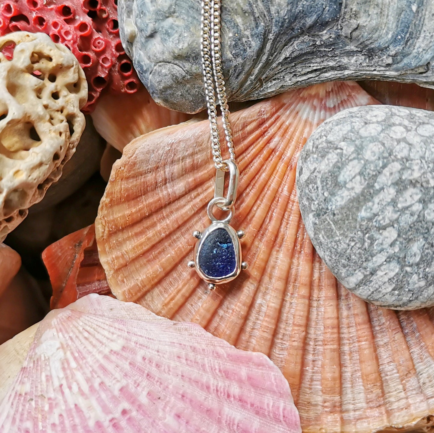 Scottish cobalt blue sea glass & sterling silver pendant.