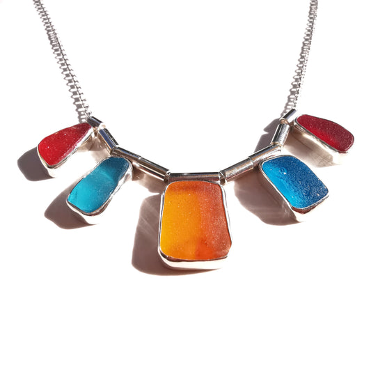 Genuine Scottish orange, red and blue sea glass & sterling silver necklace.