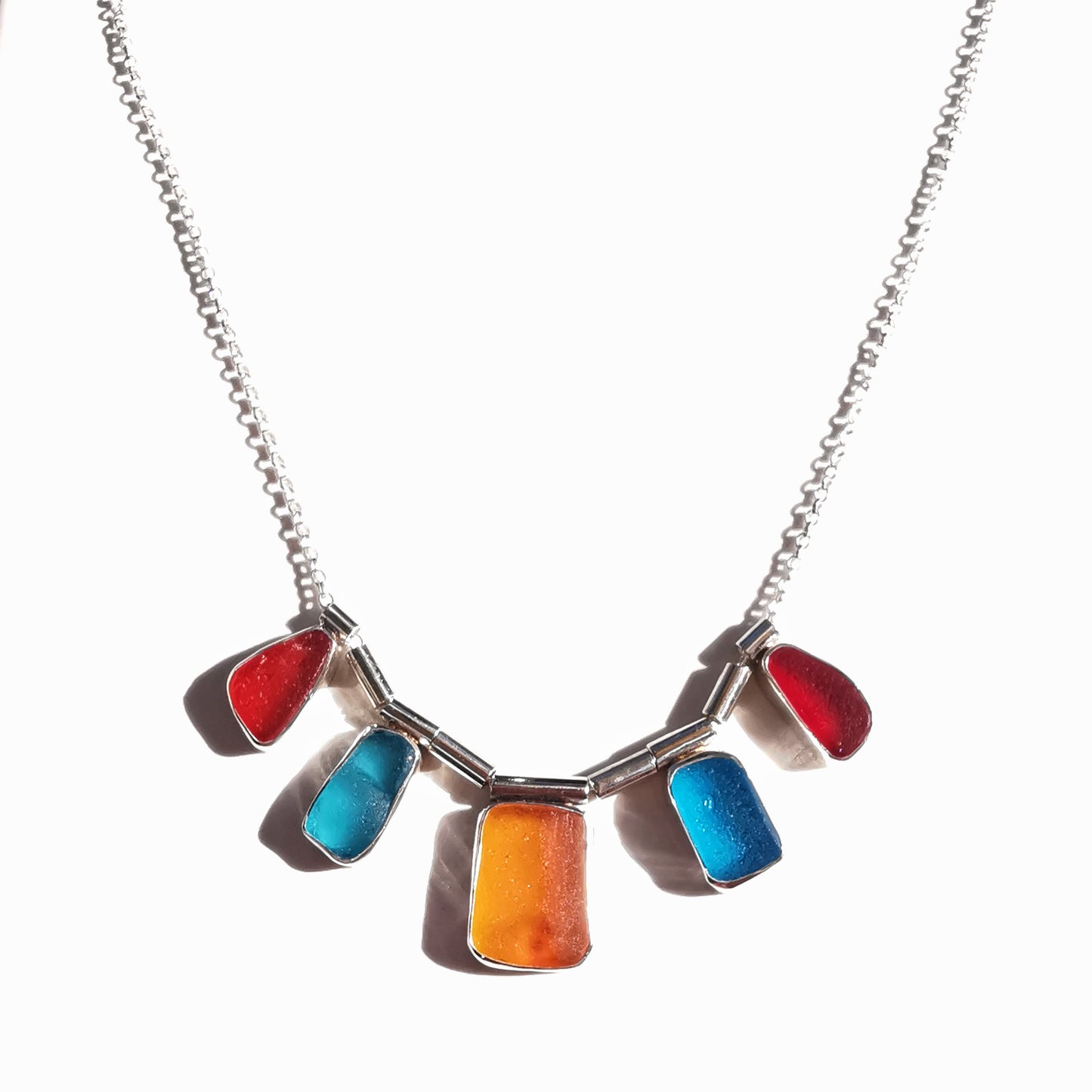 Genuine Scottish orange, red and blue sea glass & sterling silver necklace.