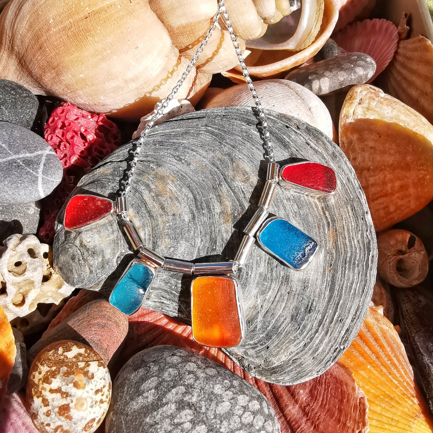 Genuine Scottish orange, red and blue sea glass & sterling silver necklace.