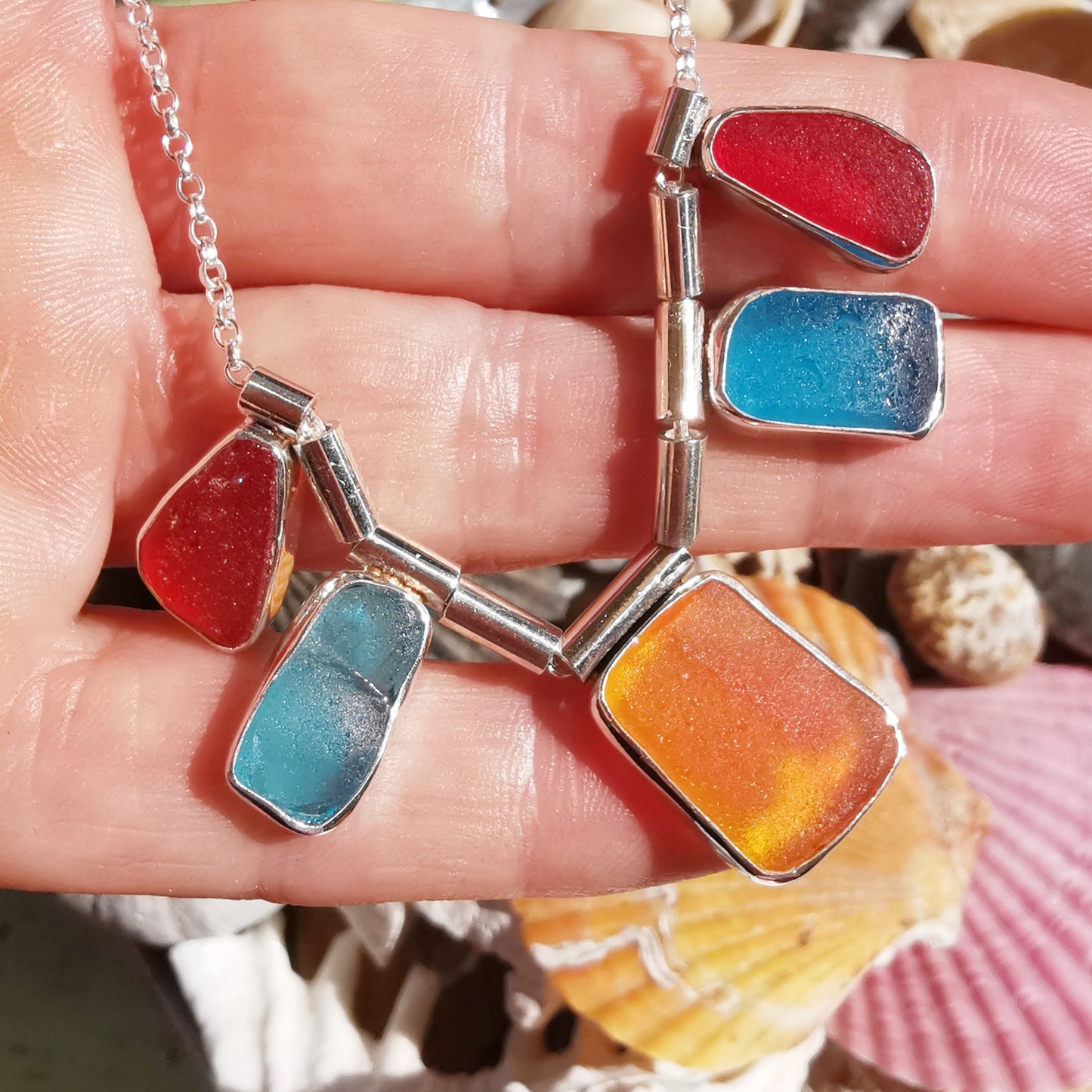Genuine Scottish orange, red and blue sea glass & sterling silver necklace.