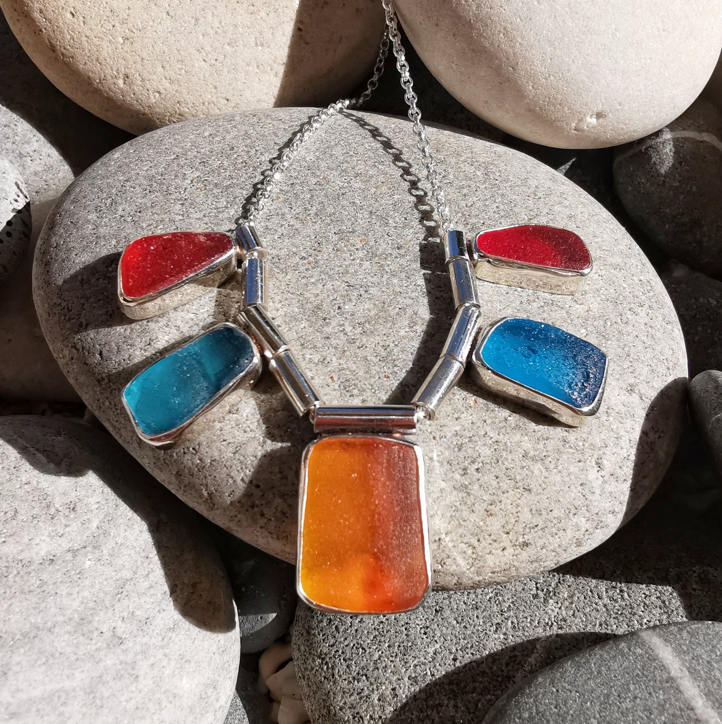 Genuine Scottish orange, red and blue sea glass & sterling silver necklace.