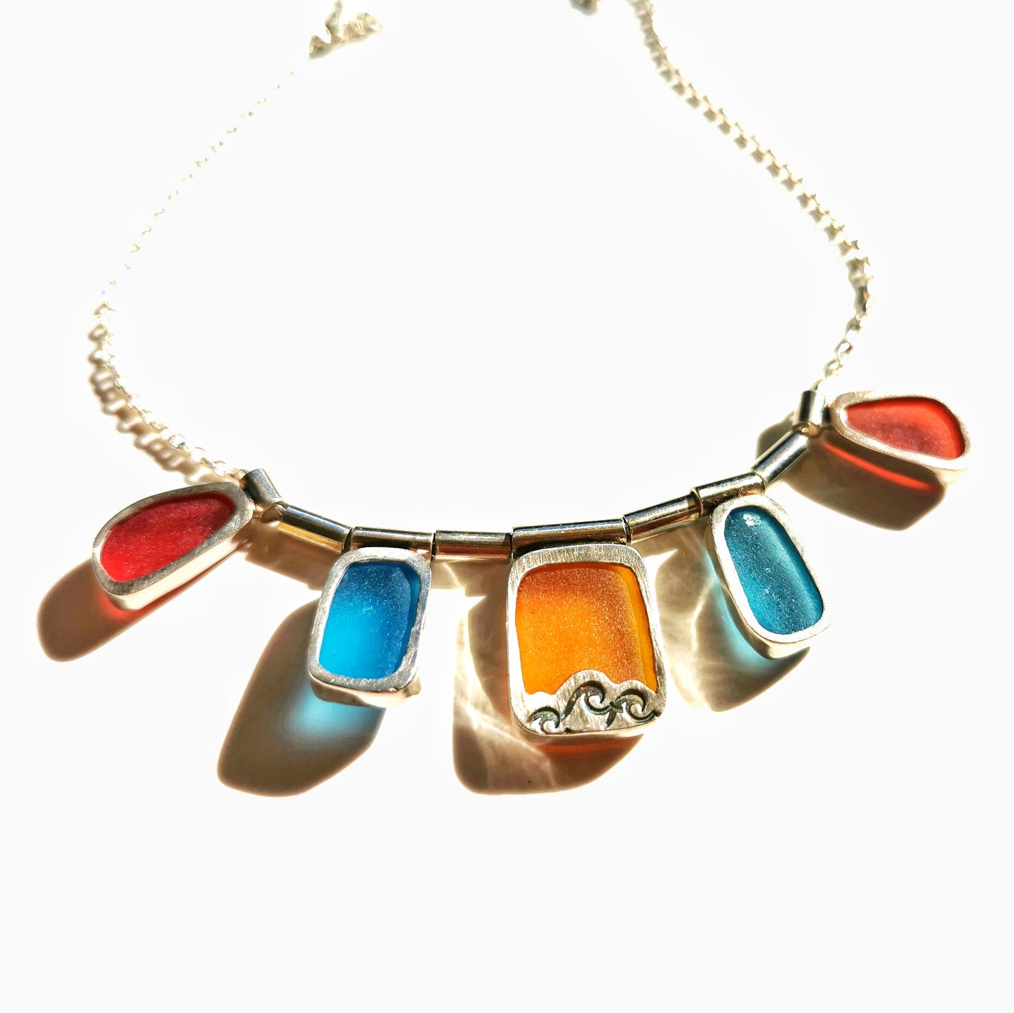 Genuine Scottish orange, red and blue sea glass & sterling silver necklace.