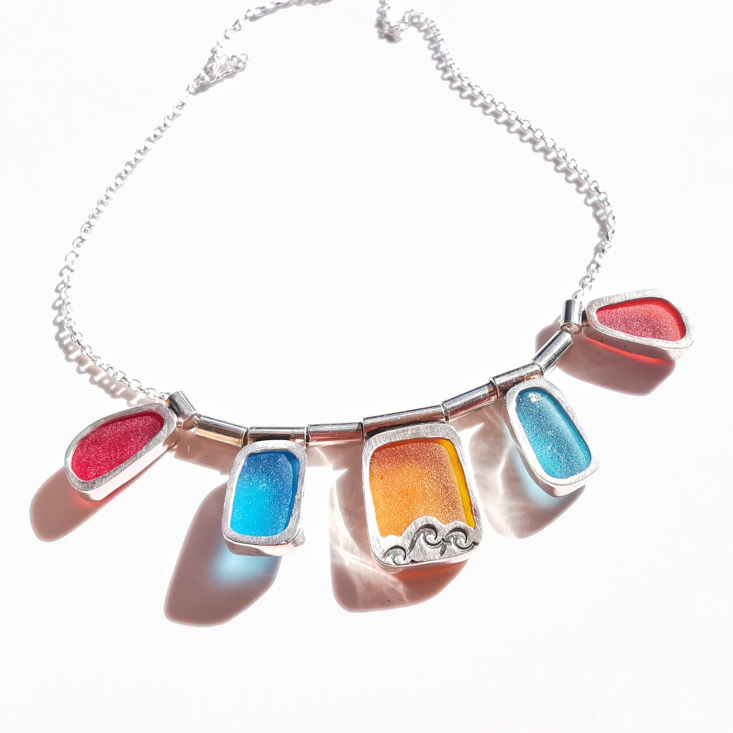 Genuine Scottish orange, red and blue sea glass & sterling silver necklace.