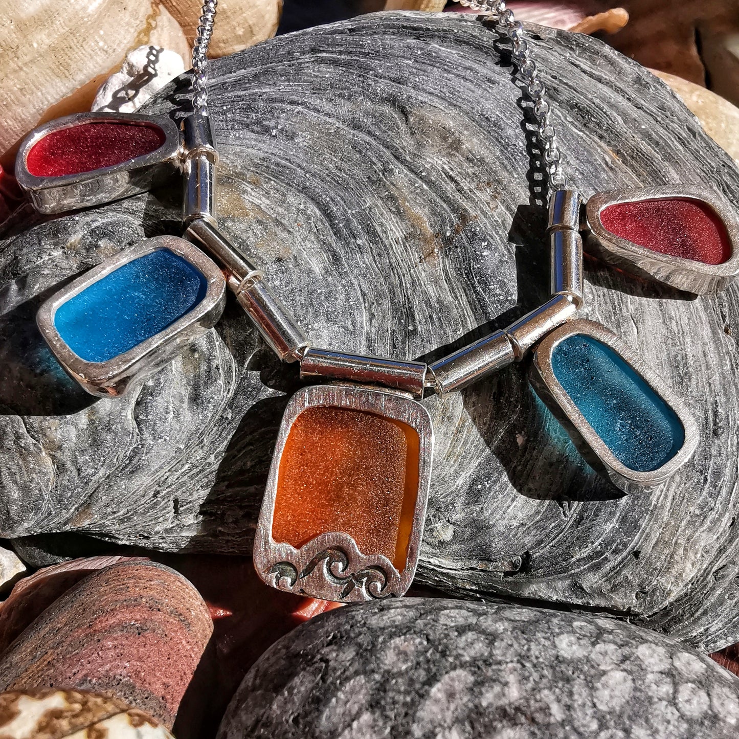 Genuine Scottish orange, red and blue sea glass & sterling silver necklace.
