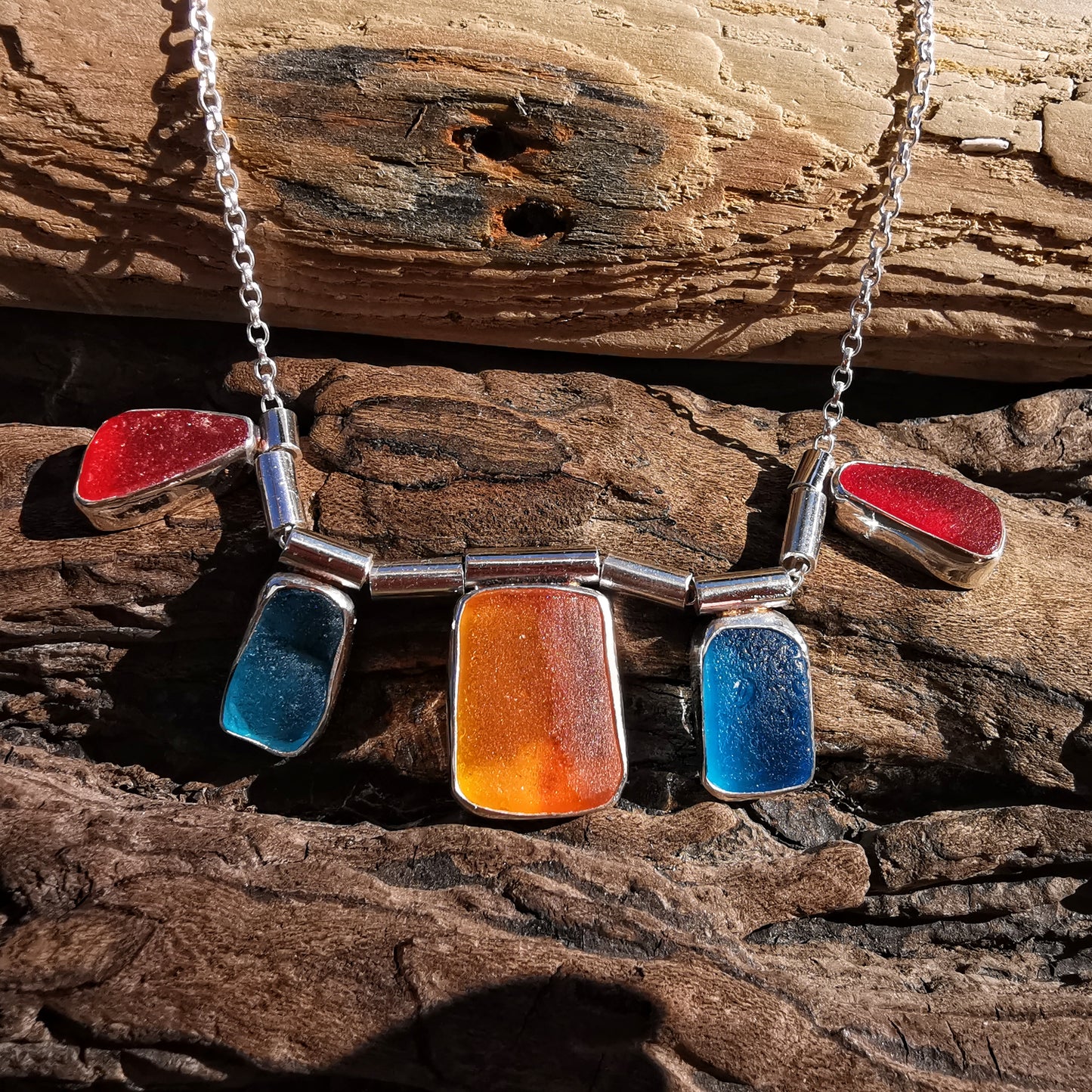 Genuine Scottish orange, red and blue sea glass & sterling silver necklace.
