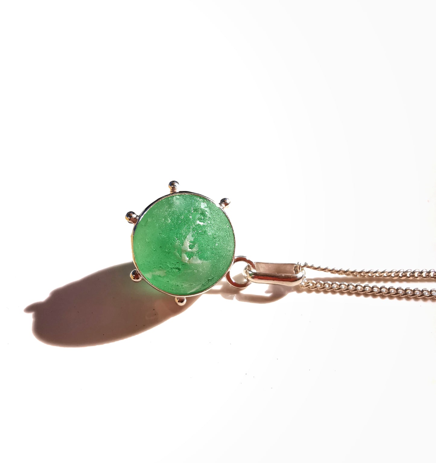 Scottish green and white sea glass marble & sterling silver pendant.