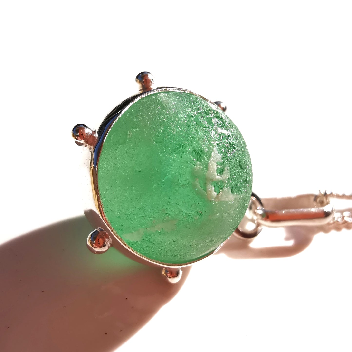 Scottish green and white sea glass marble & sterling silver pendant.