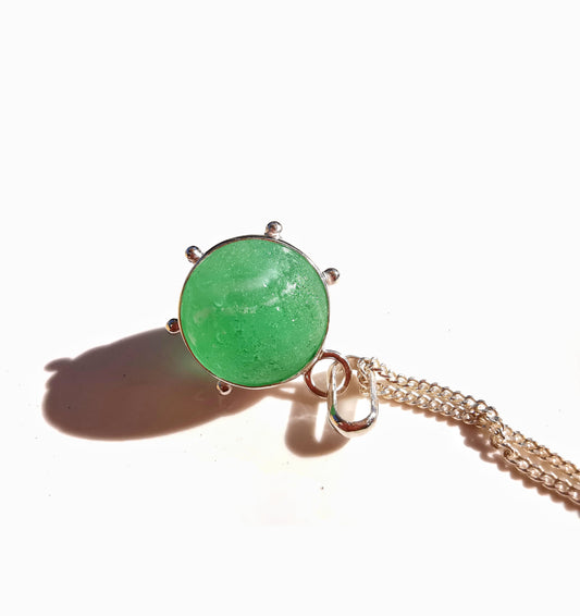 Scottish green and white sea glass marble & sterling silver pendant.