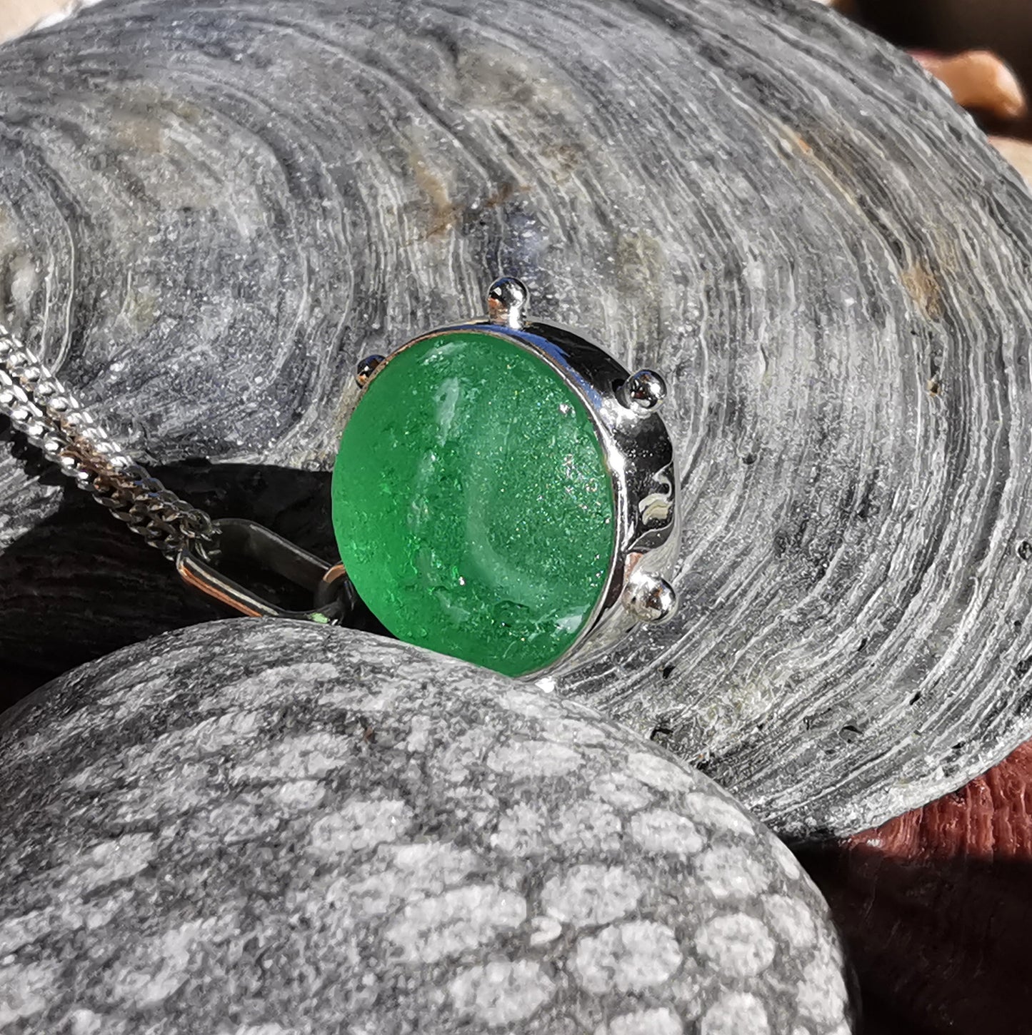 Scottish green and white sea glass marble & sterling silver pendant.