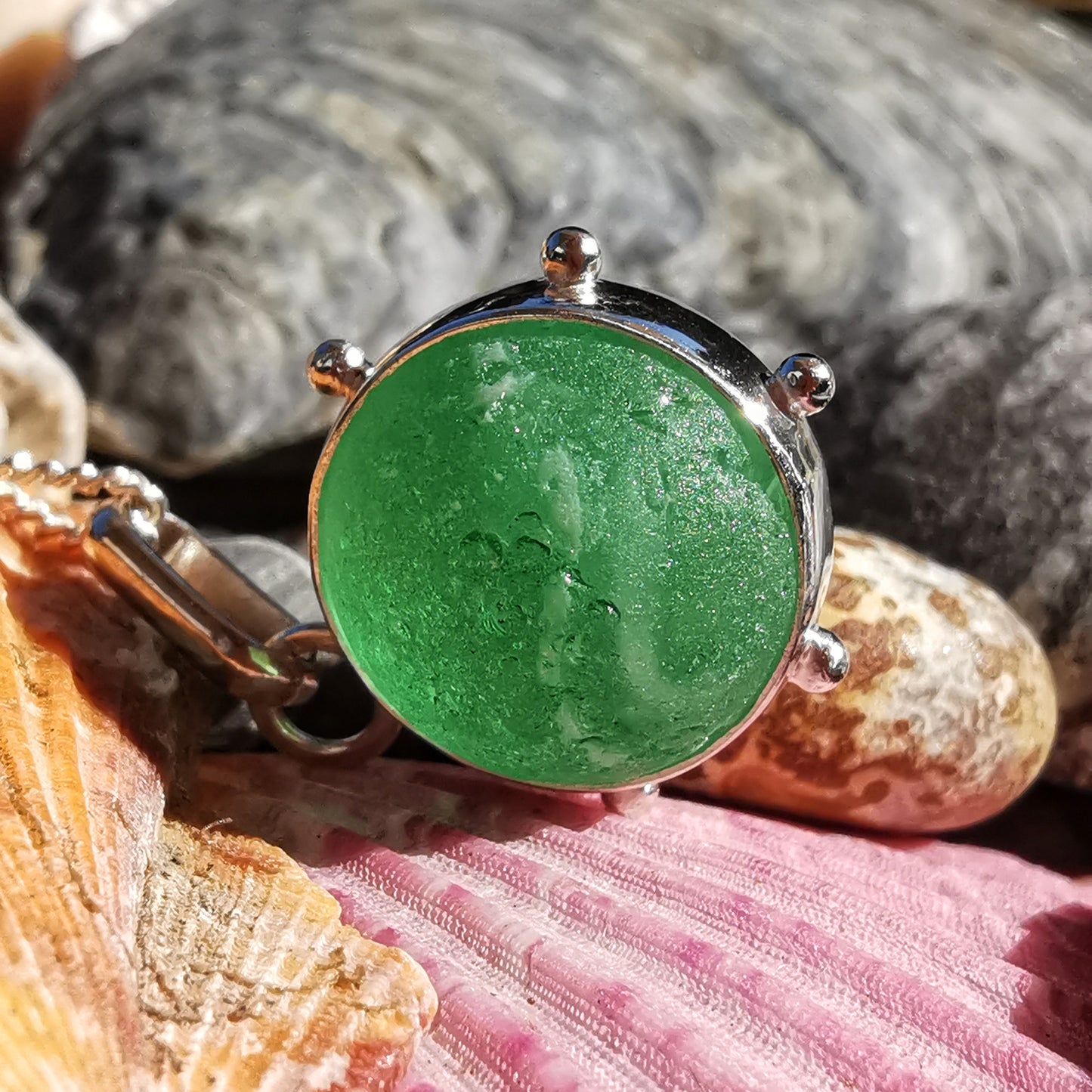 Scottish green and white sea glass marble & sterling silver pendant.