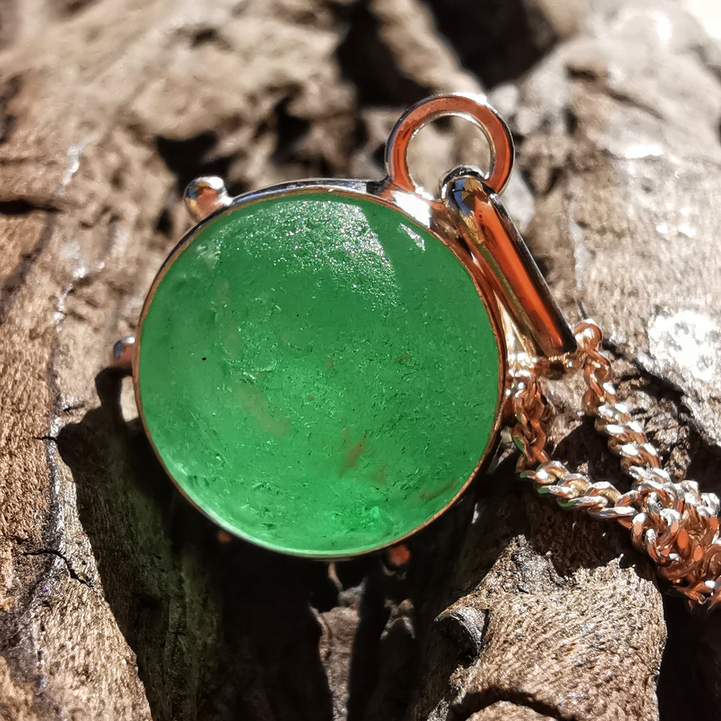 Scottish green and white sea glass marble & sterling silver pendant.