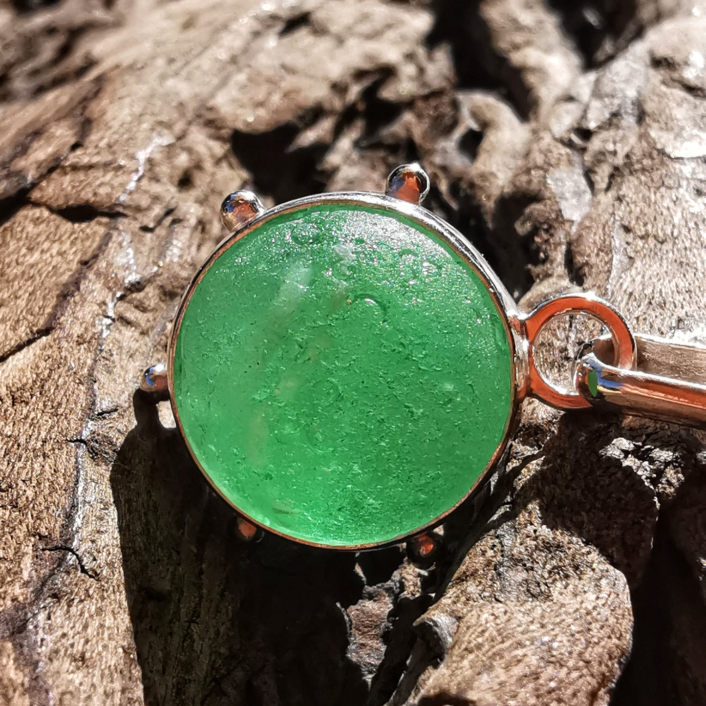 Scottish green and white sea glass marble & sterling silver pendant.