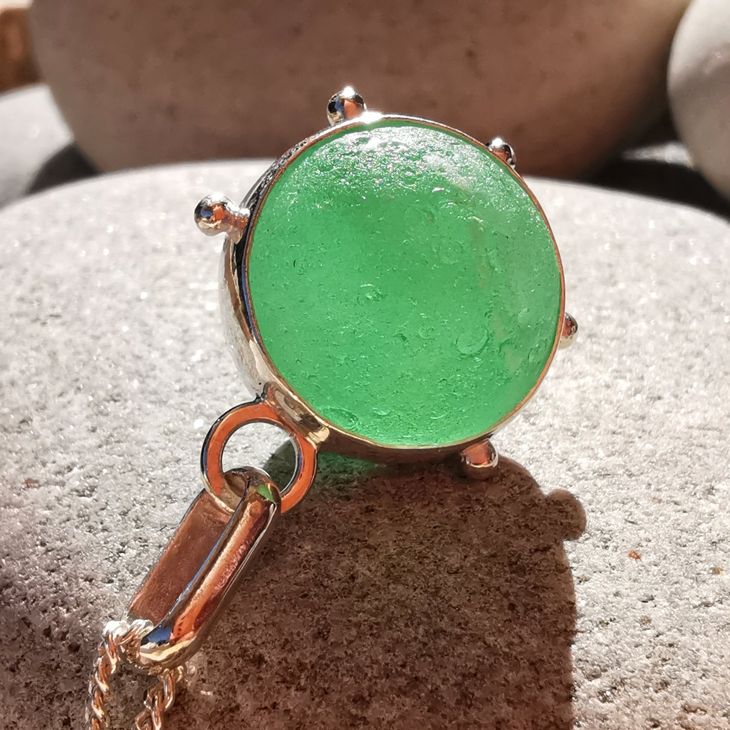 Scottish green and white sea glass marble & sterling silver pendant.