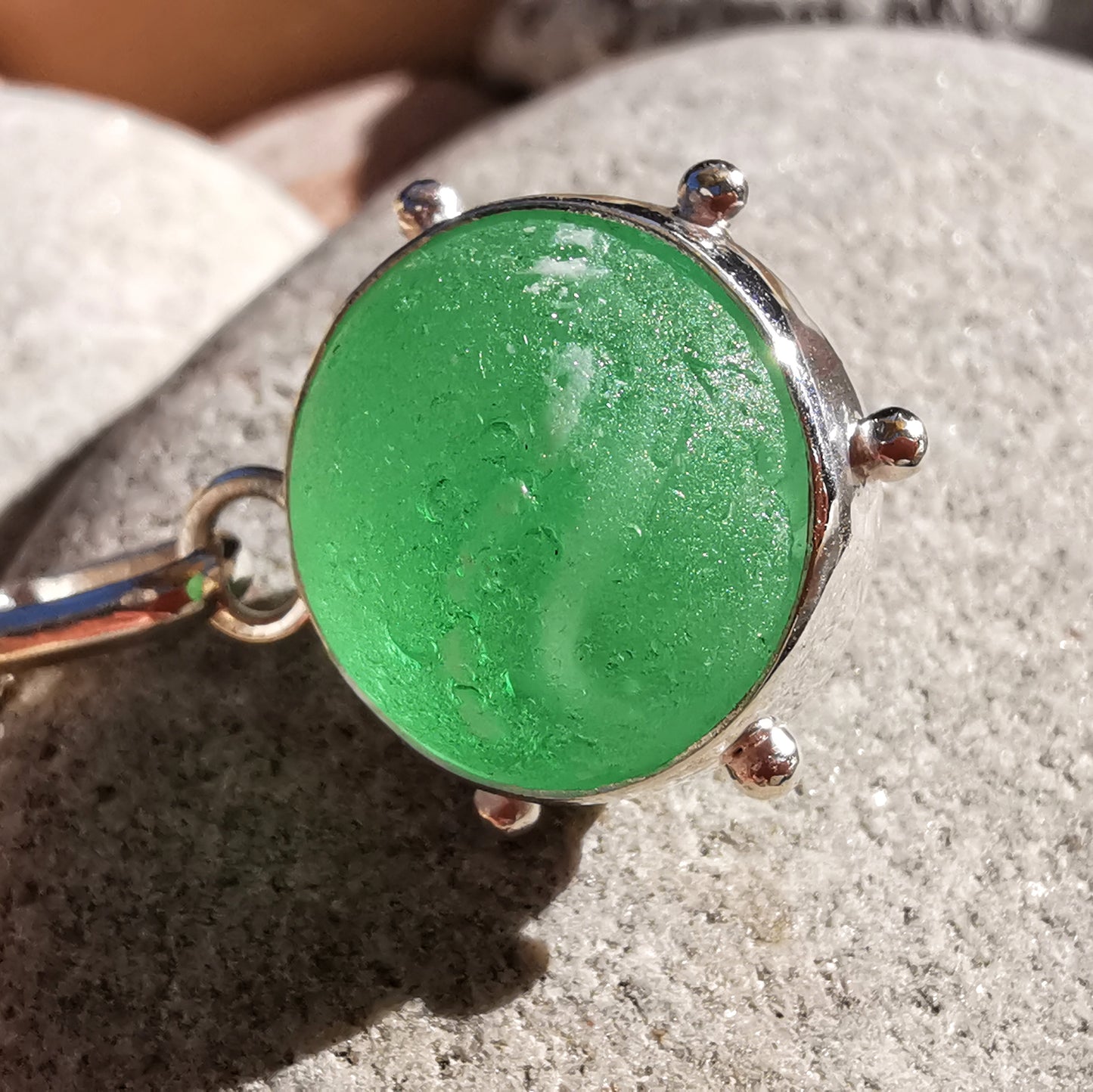 Scottish green and white sea glass marble & sterling silver pendant.