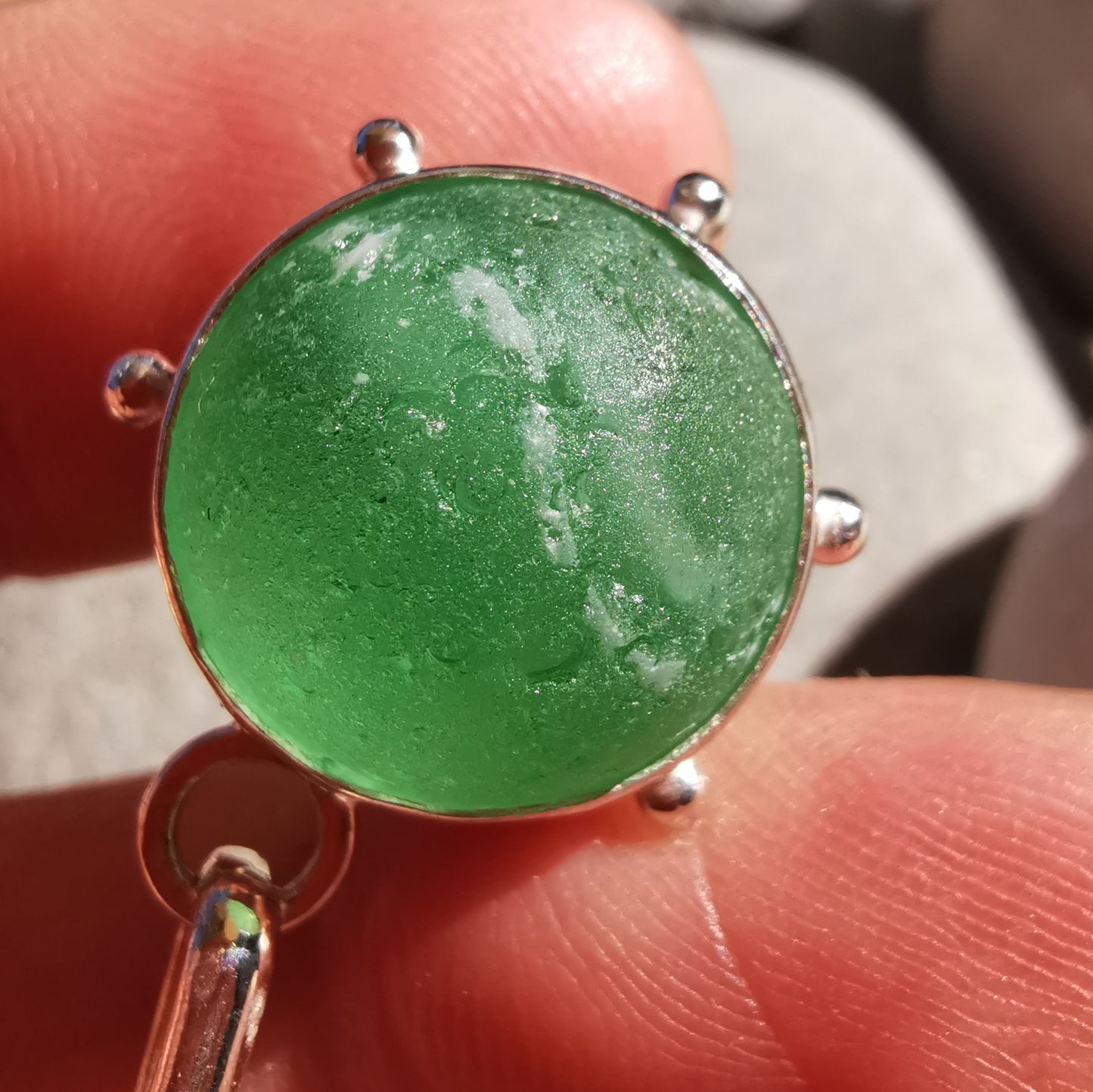 Scottish green and white sea glass marble & sterling silver pendant.