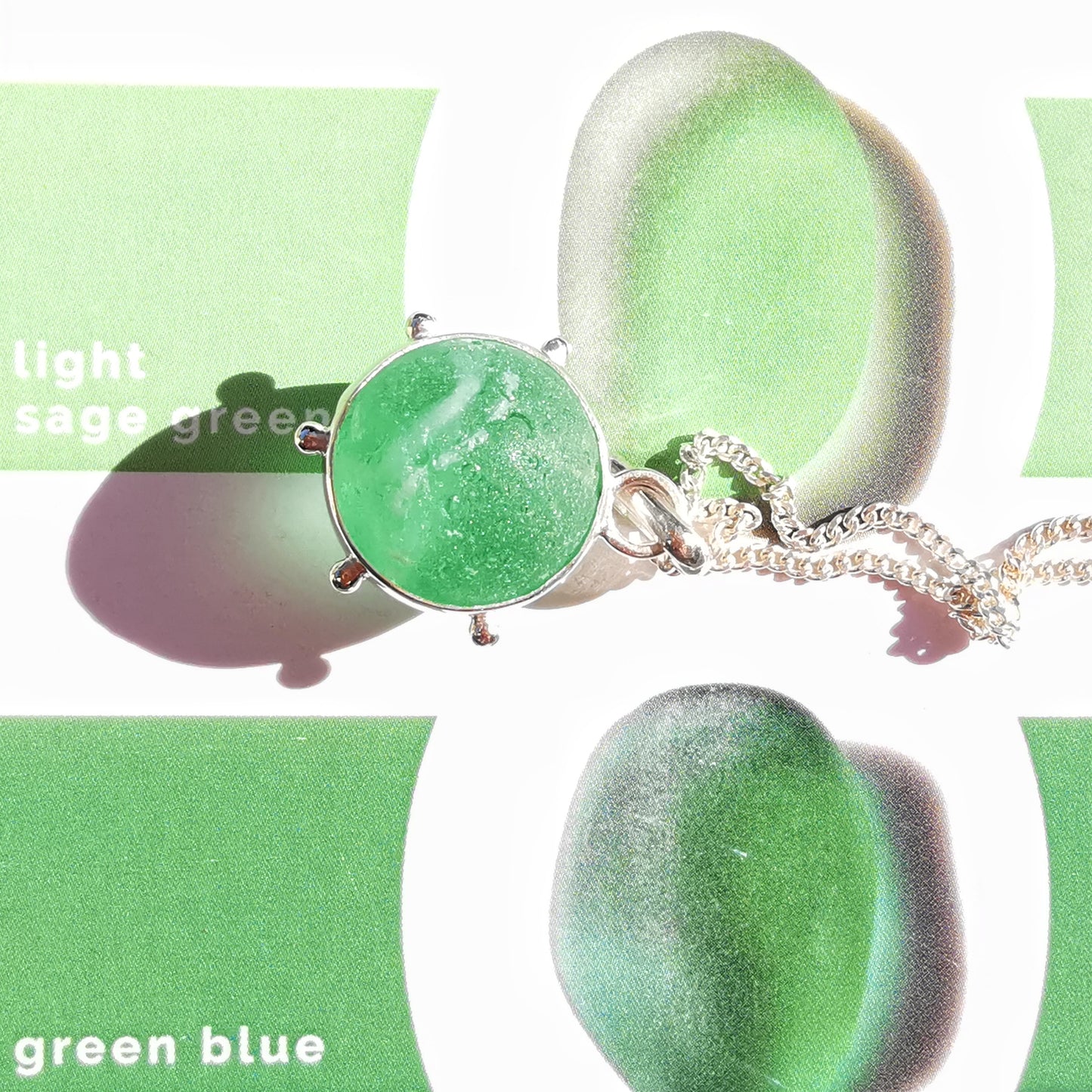 Scottish green and white sea glass marble & sterling silver pendant.