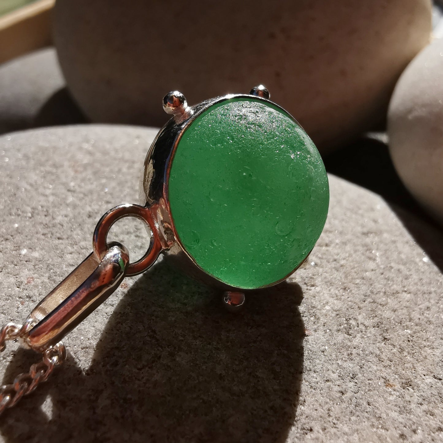 Scottish green and white sea glass marble & sterling silver pendant.