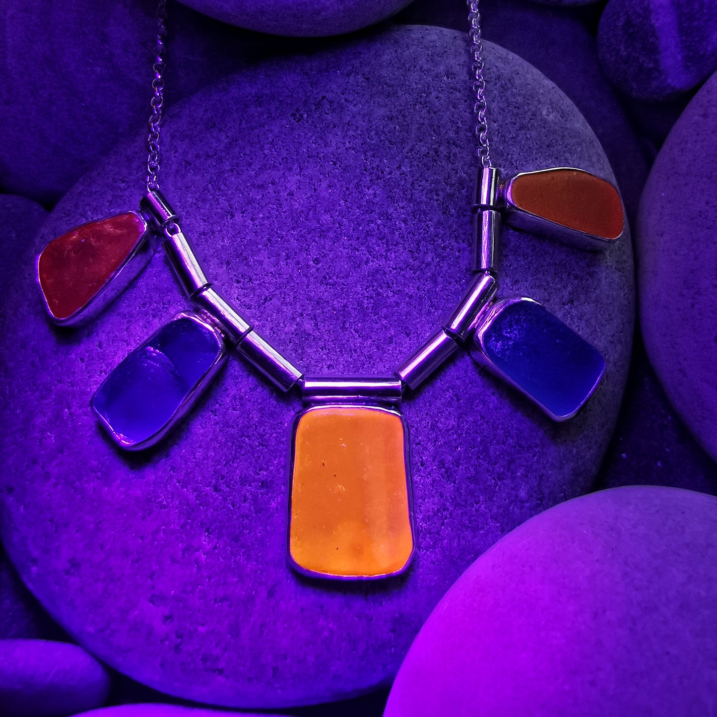 Genuine Scottish orange, red and blue sea glass & sterling silver necklace.