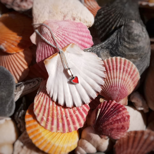 Tiny Scottish red sea glass heart & sterling silver pendant.