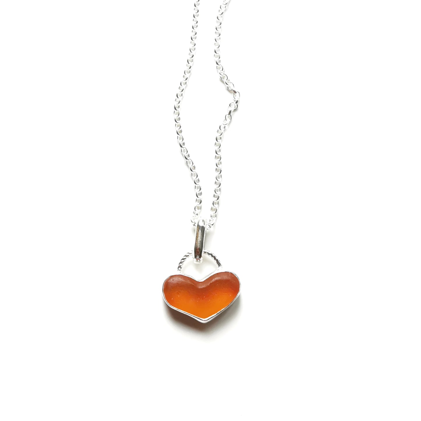 Scottish orange UV sea glass heart & sterling silver pendant.