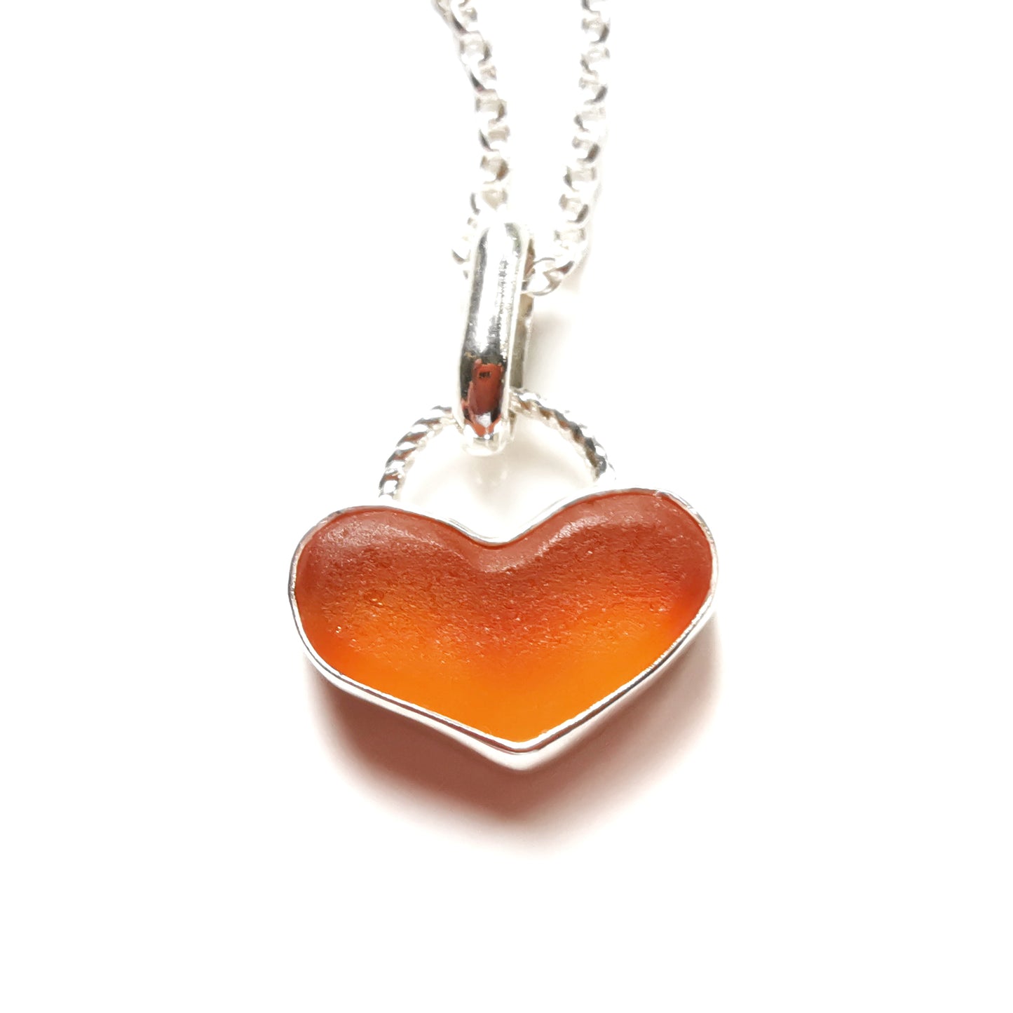 Scottish orange UV sea glass heart & sterling silver pendant.