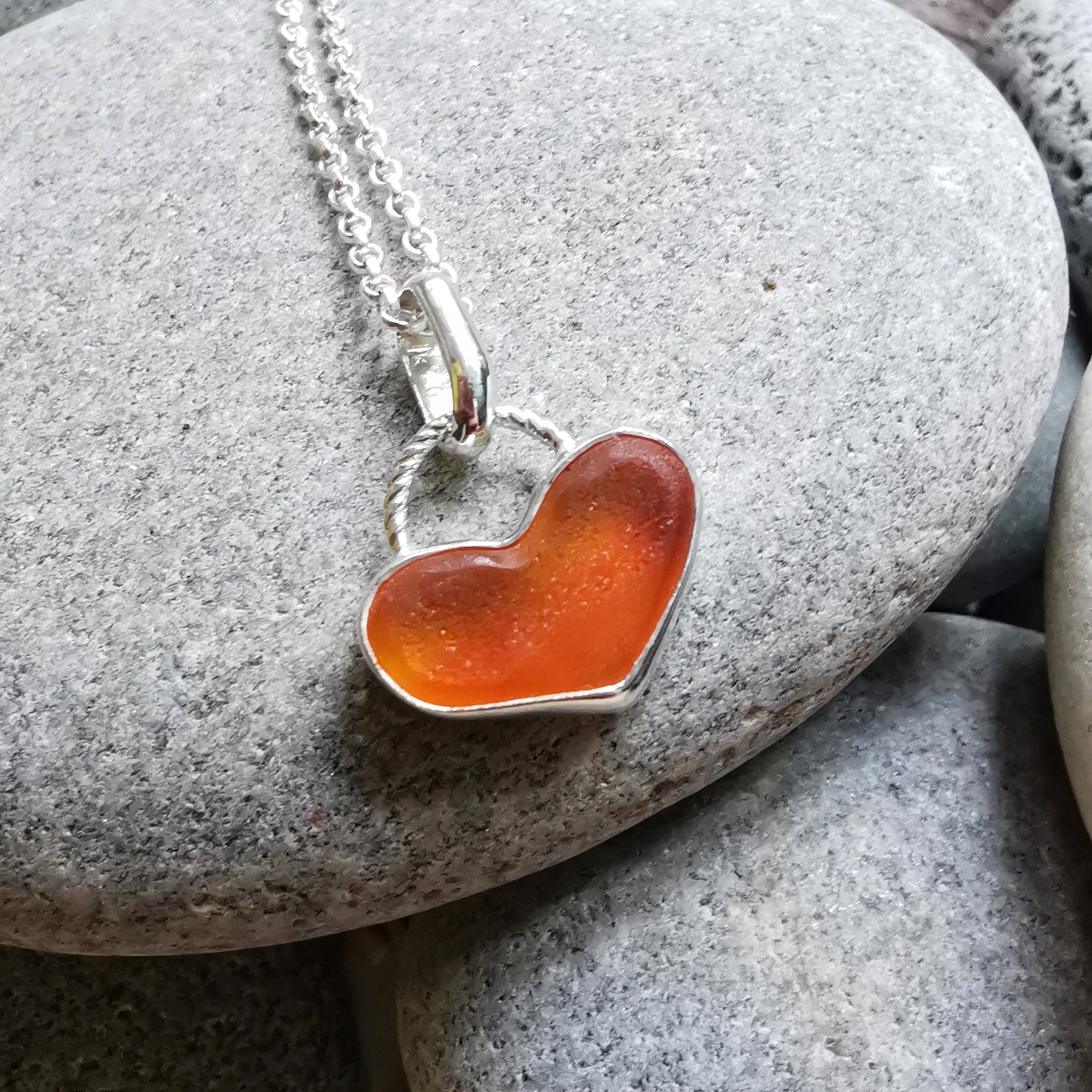 Scottish orange UV sea glass heart & sterling silver pendant.