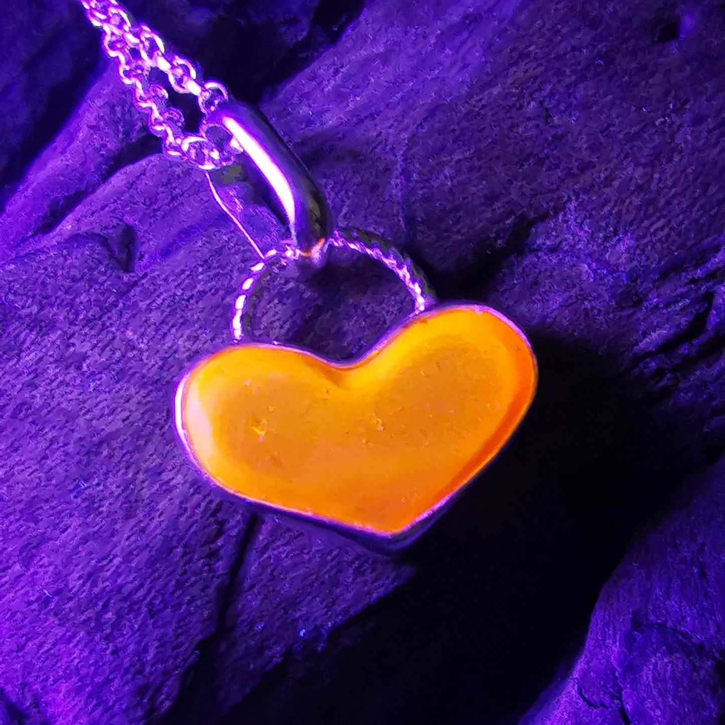 Scottish orange UV sea glass heart & sterling silver pendant.