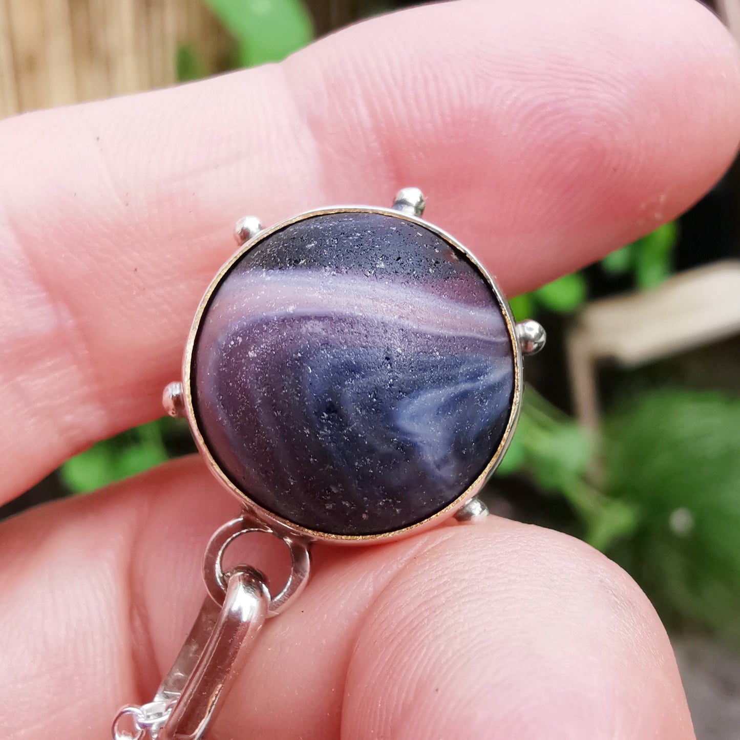 Genuine Scottish purple sea glass marble & sterling silver pendant.