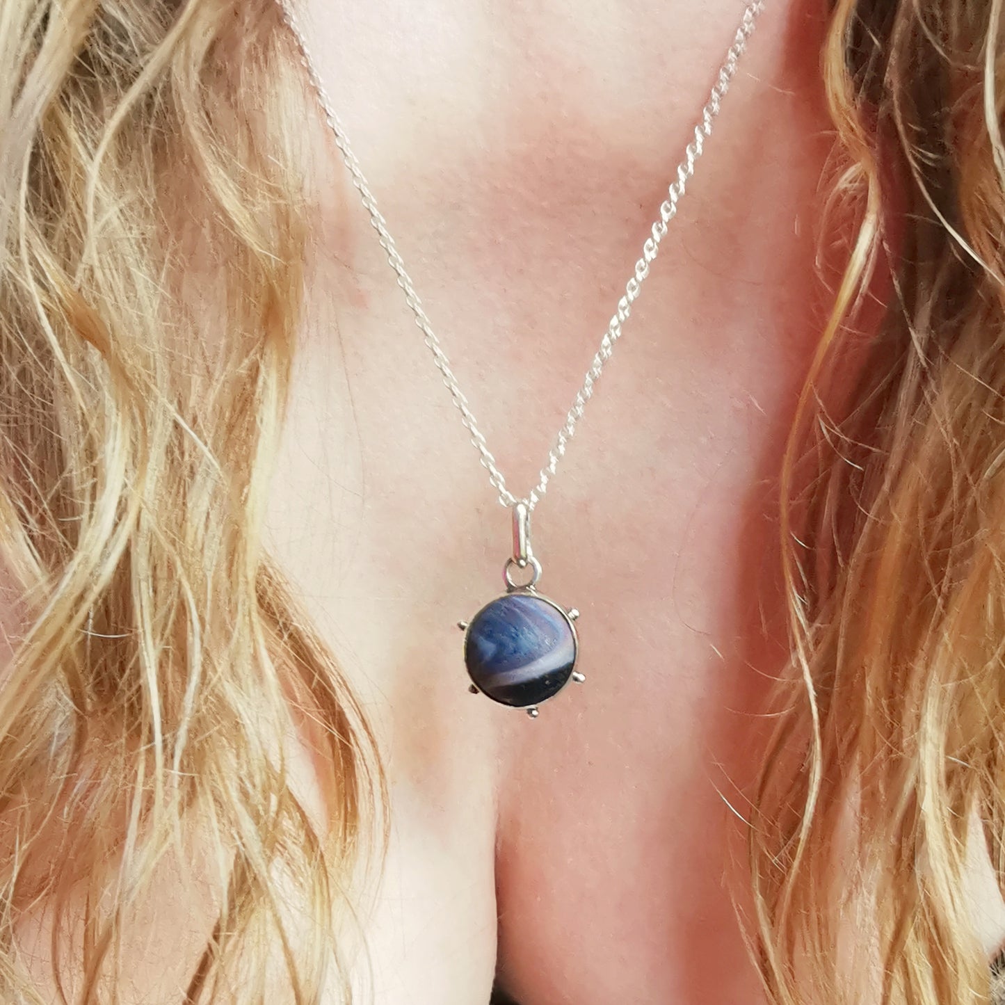 Genuine Scottish purple sea glass marble & sterling silver pendant.