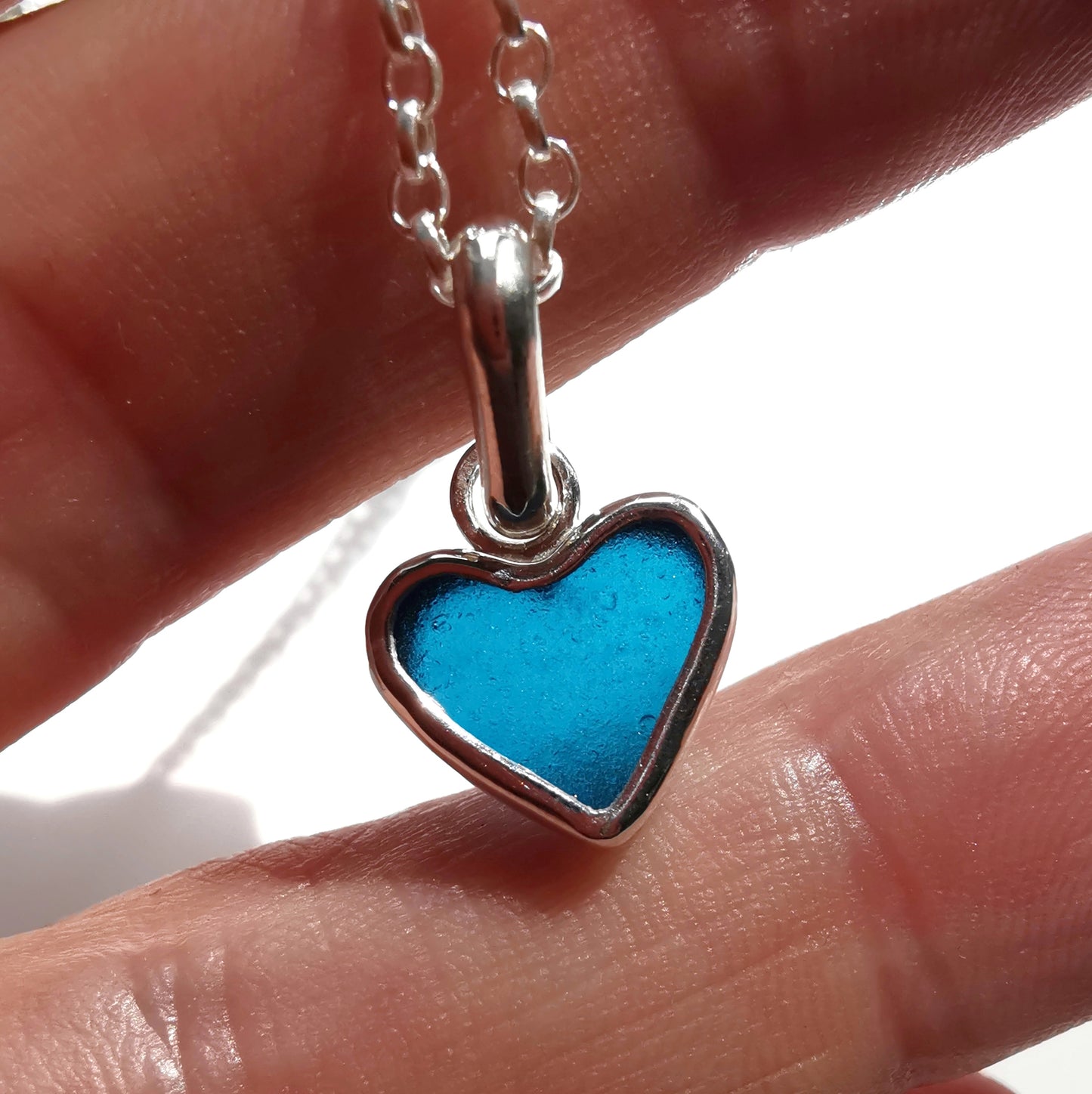 Scottish teal blue sea glass heart & sterling silver pendant.