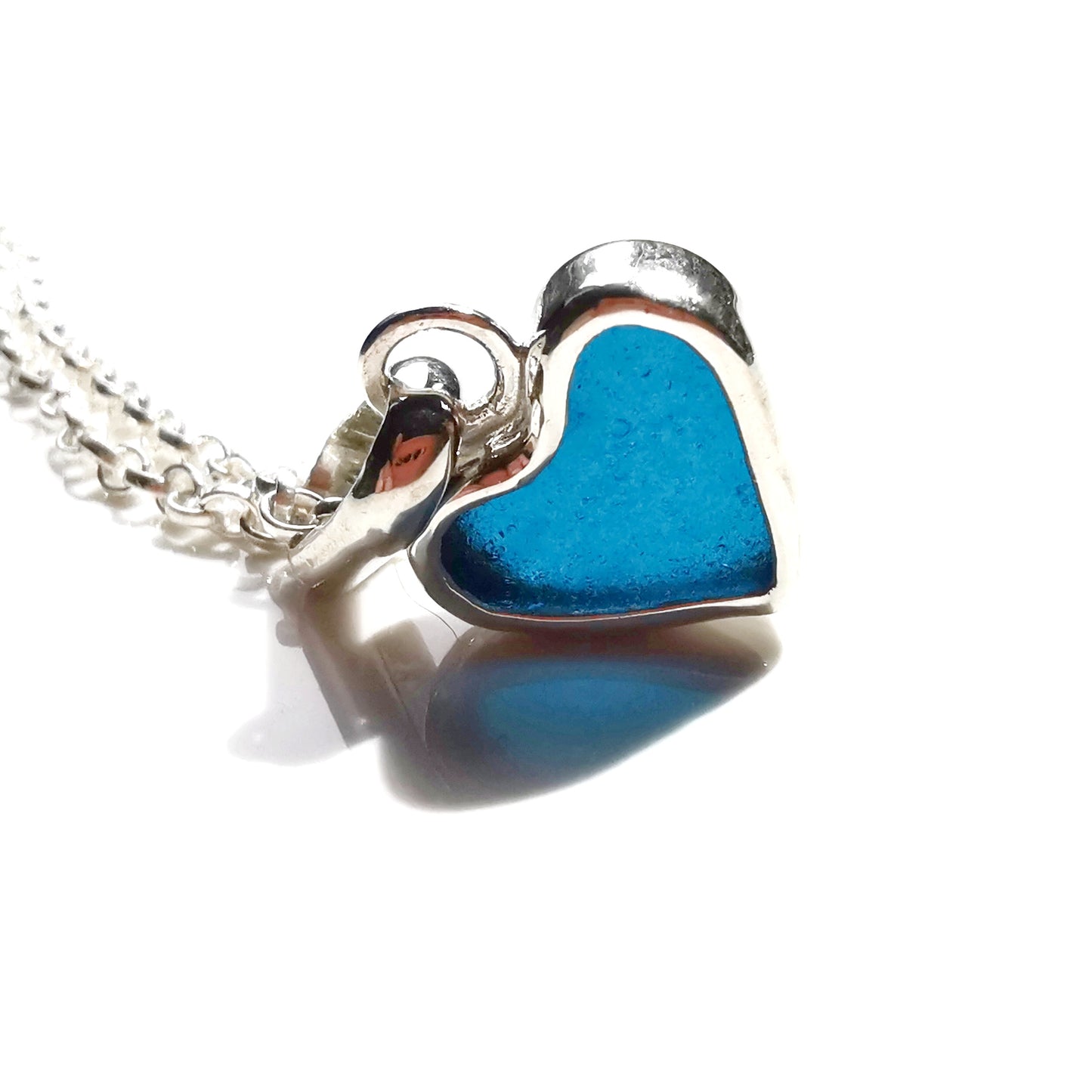 Scottish teal blue sea glass heart & sterling silver pendant.