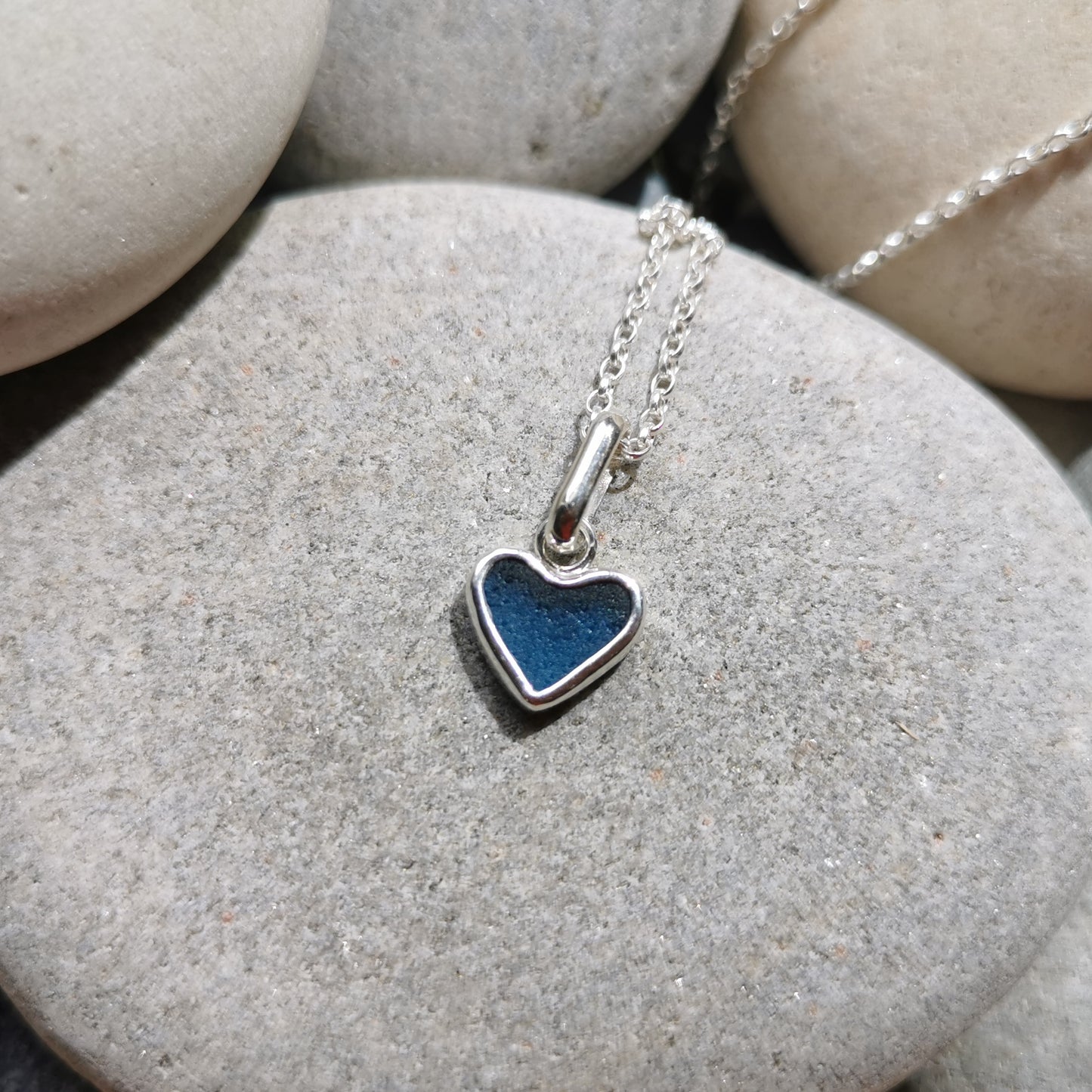 Scottish teal blue sea glass heart & sterling silver pendant.