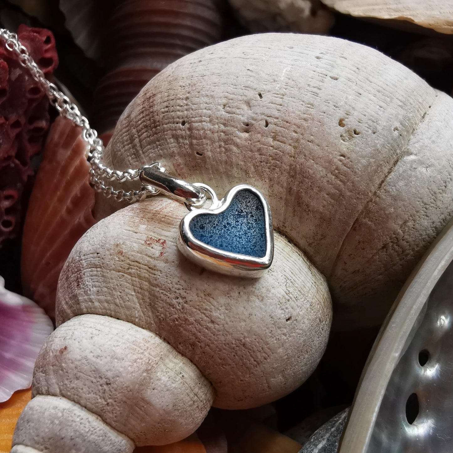 Scottish teal blue sea glass heart & sterling silver pendant.
