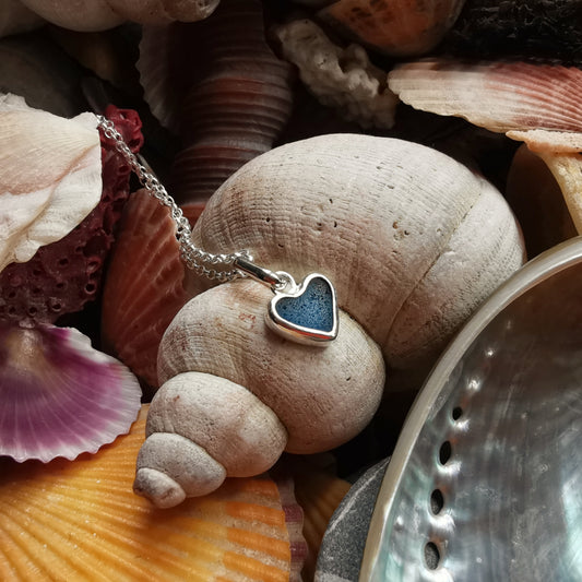 Scottish teal blue sea glass heart & sterling silver pendant.