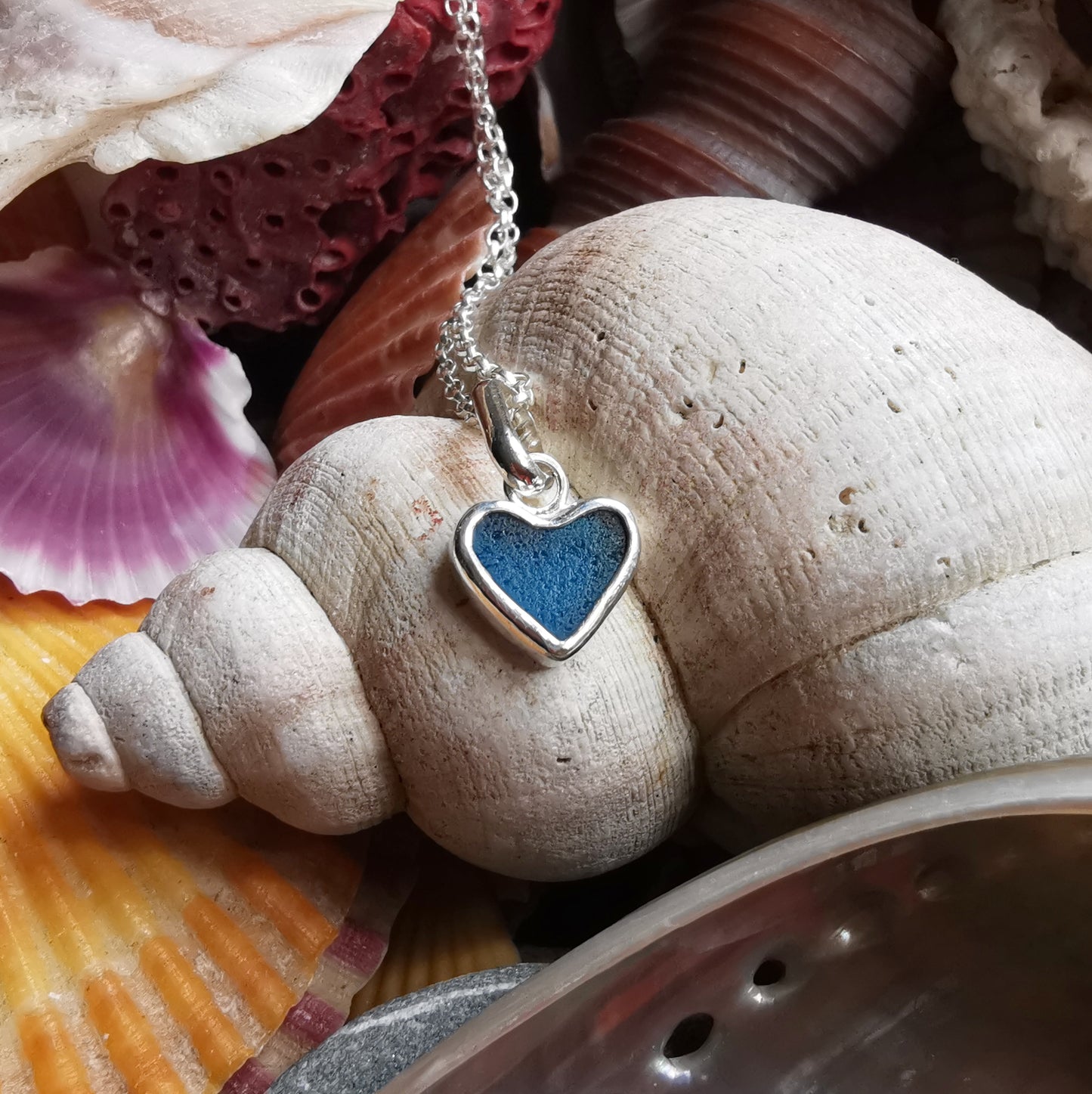 Scottish teal blue sea glass heart & sterling silver pendant.