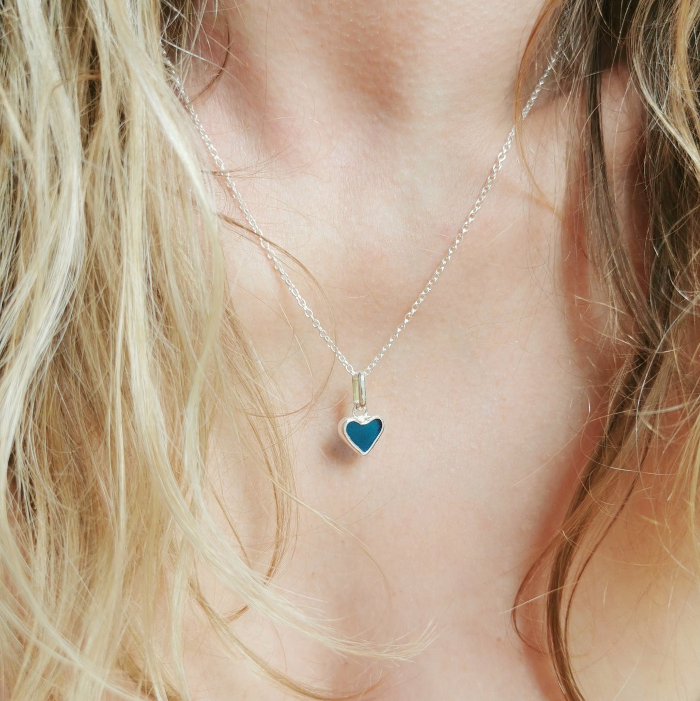 Scottish teal blue sea glass heart & sterling silver pendant.