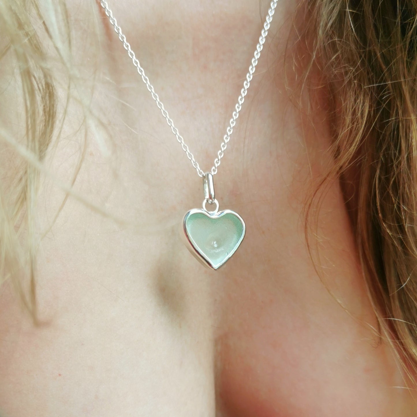 Scottish UV sea glass heart & sterling silver pendant.