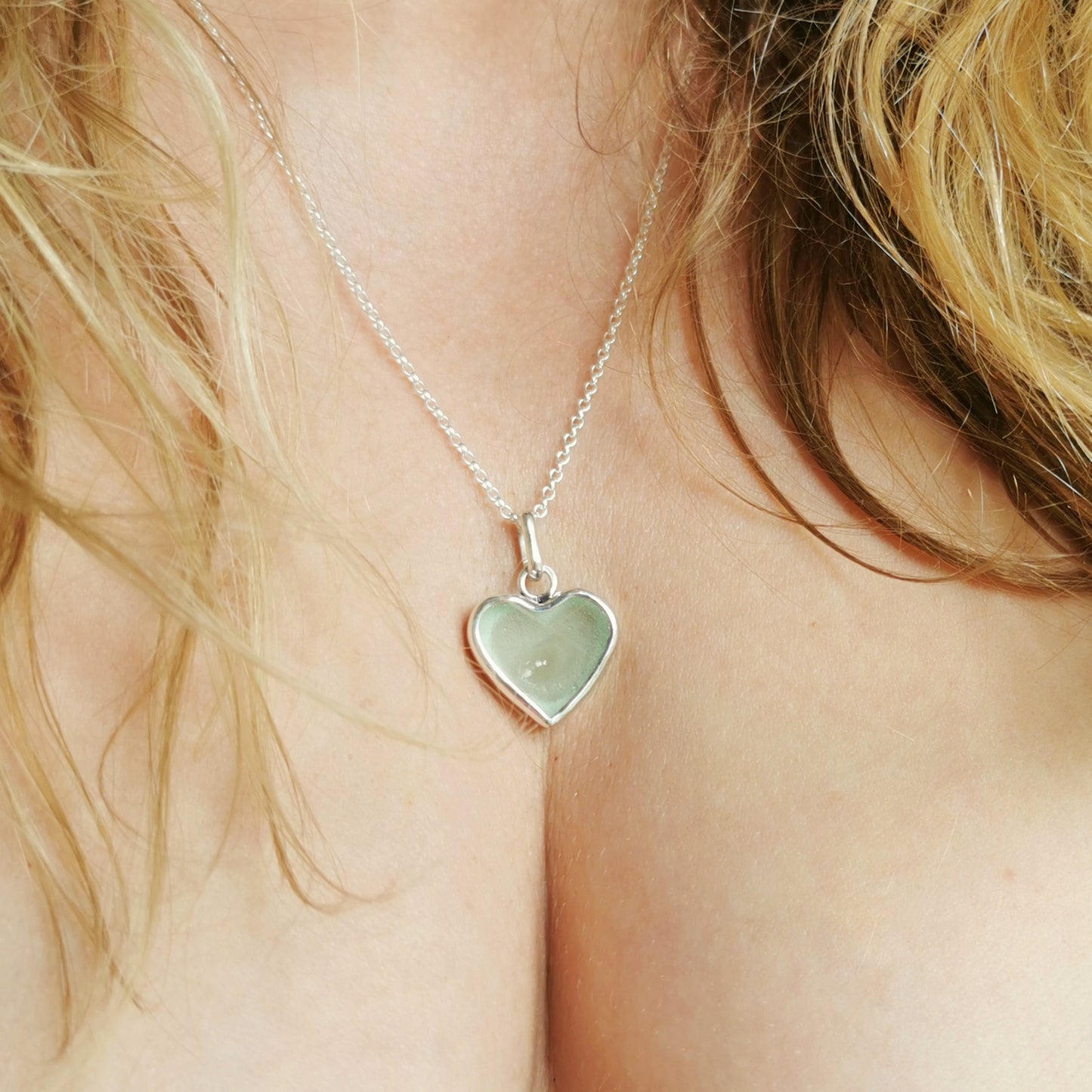 Scottish UV sea glass heart & sterling silver pendant.