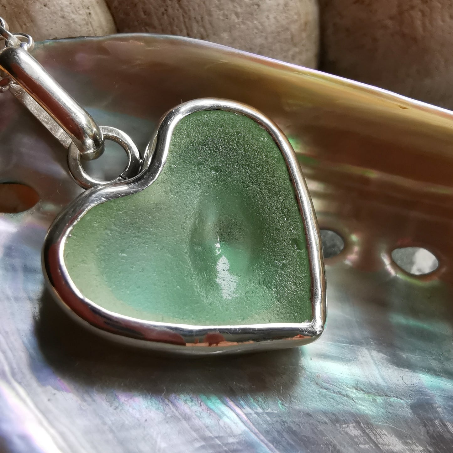 Scottish UV sea glass heart & sterling silver pendant.