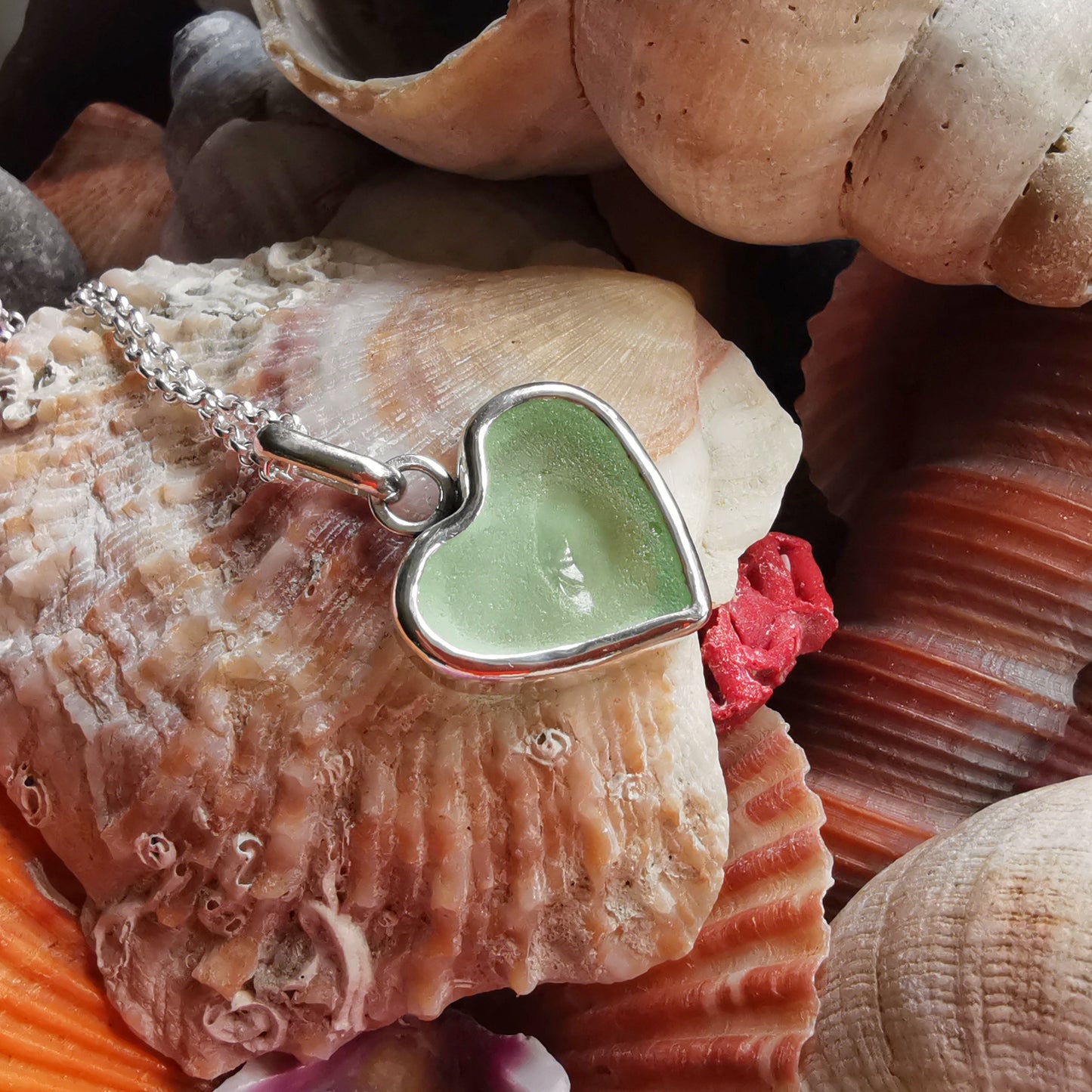 Scottish UV sea glass heart & sterling silver pendant.