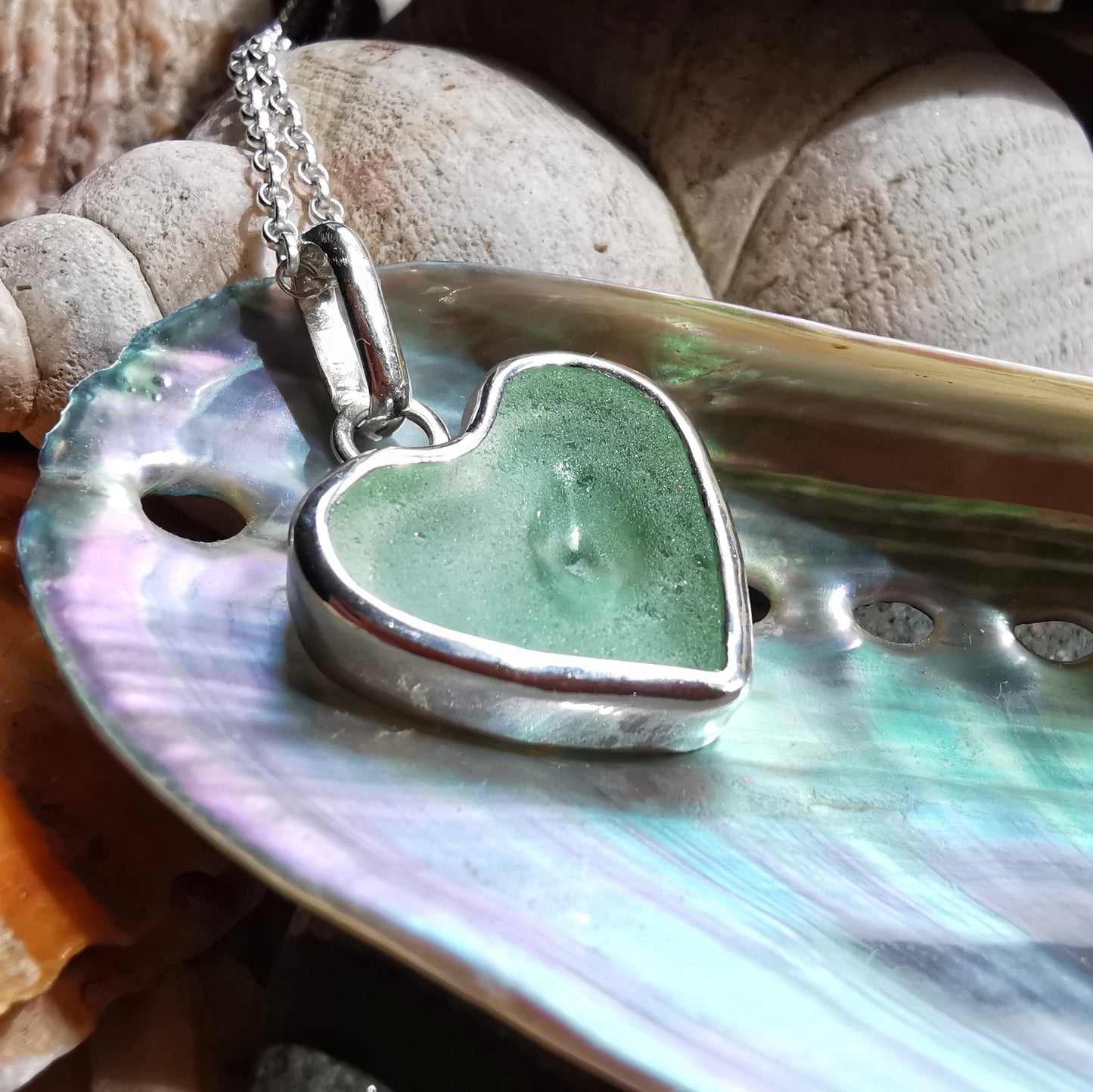 Scottish UV sea glass heart & sterling silver pendant.