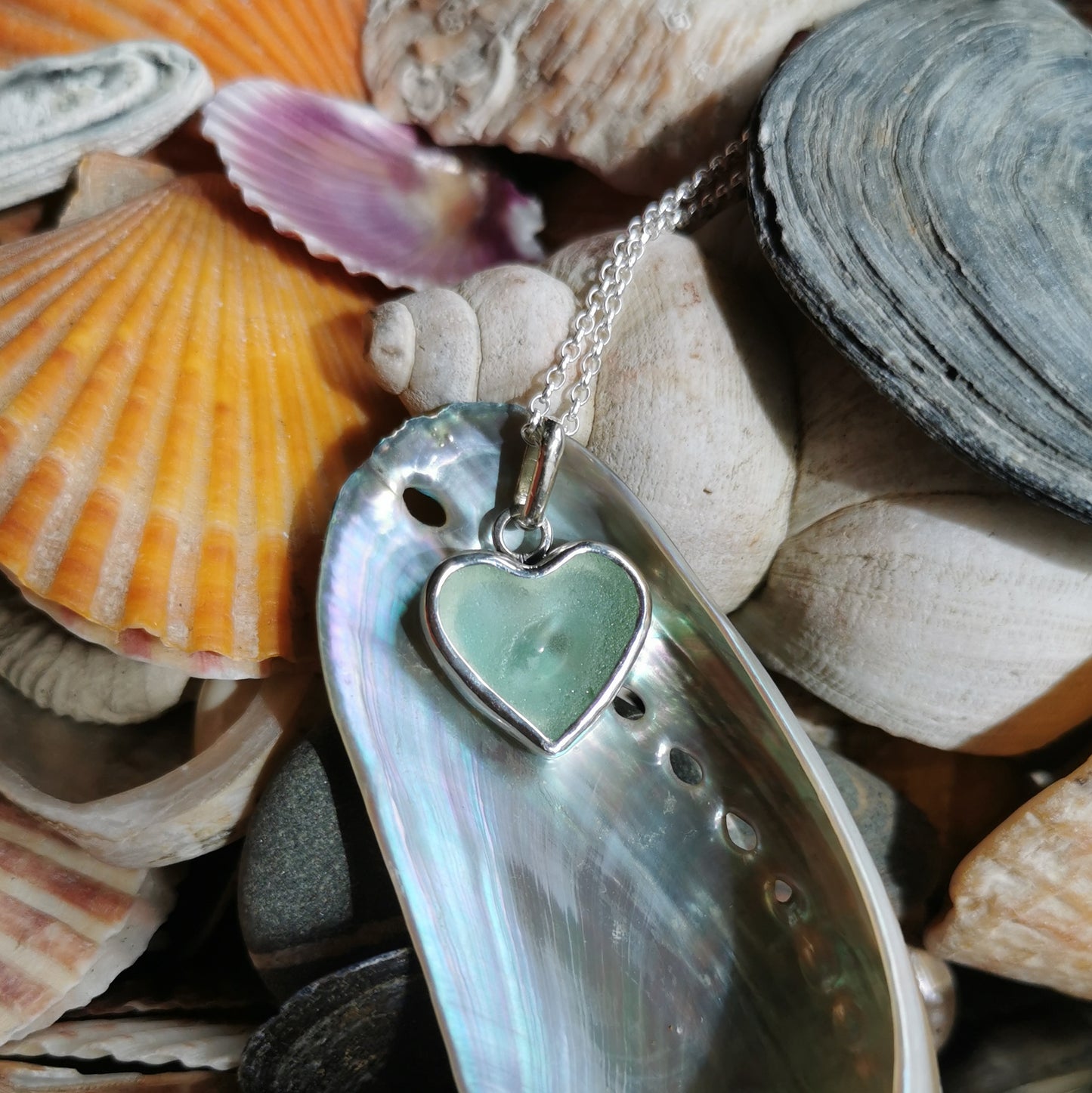 Scottish UV sea glass heart & sterling silver pendant.