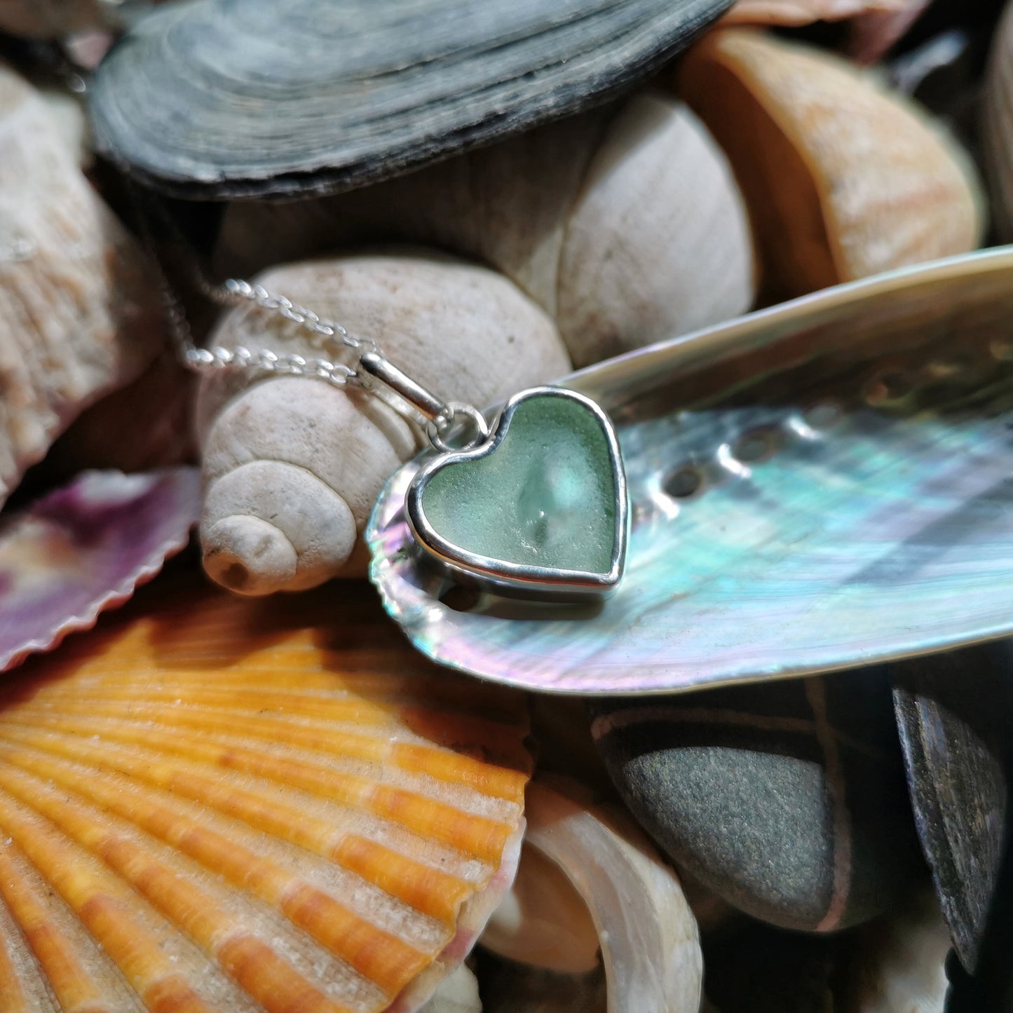 Scottish UV sea glass heart & sterling silver pendant.
