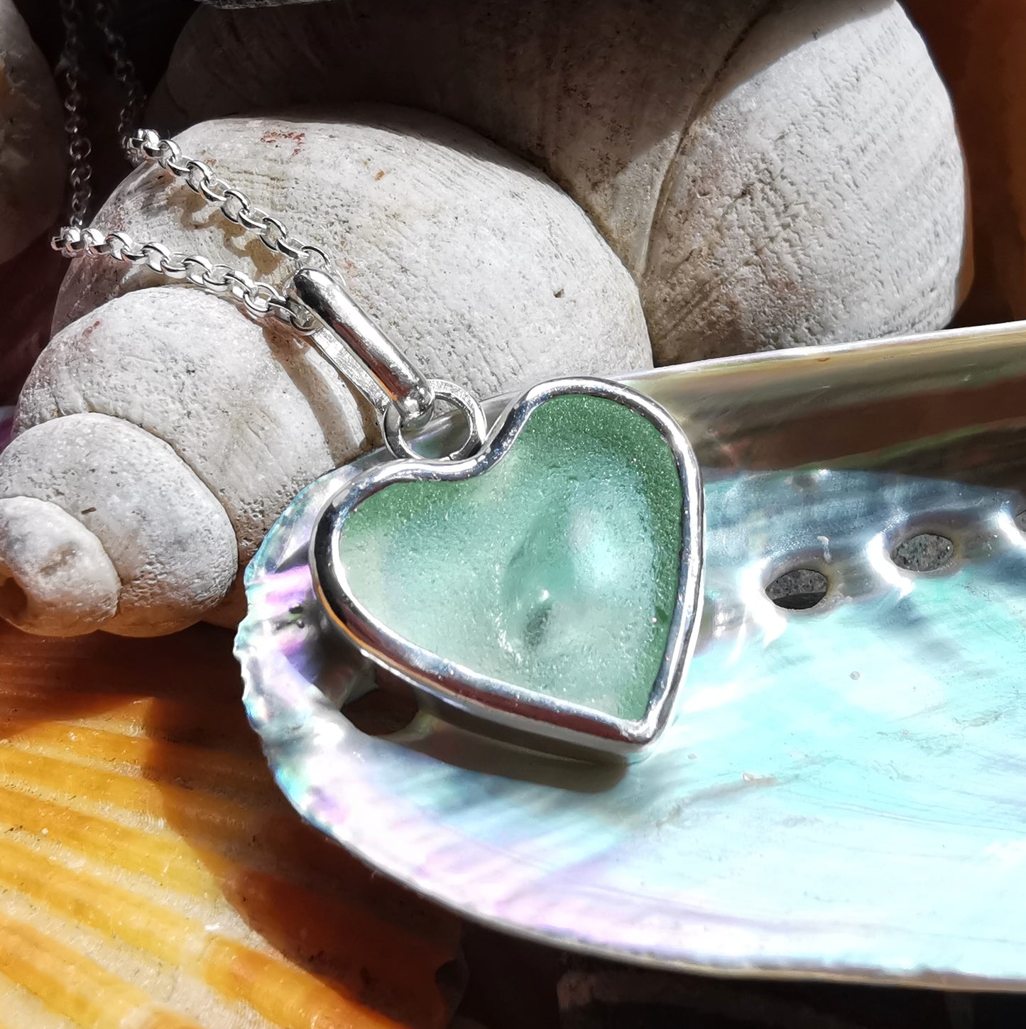 Scottish UV sea glass heart & sterling silver pendant.