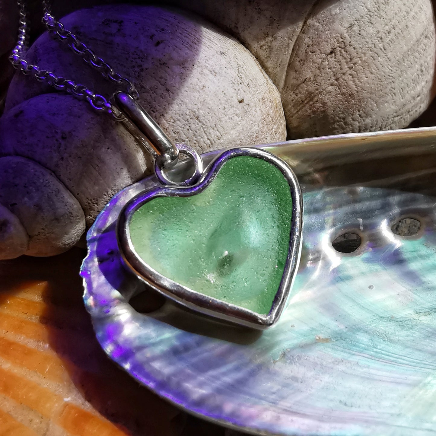 Scottish UV sea glass heart & sterling silver pendant.